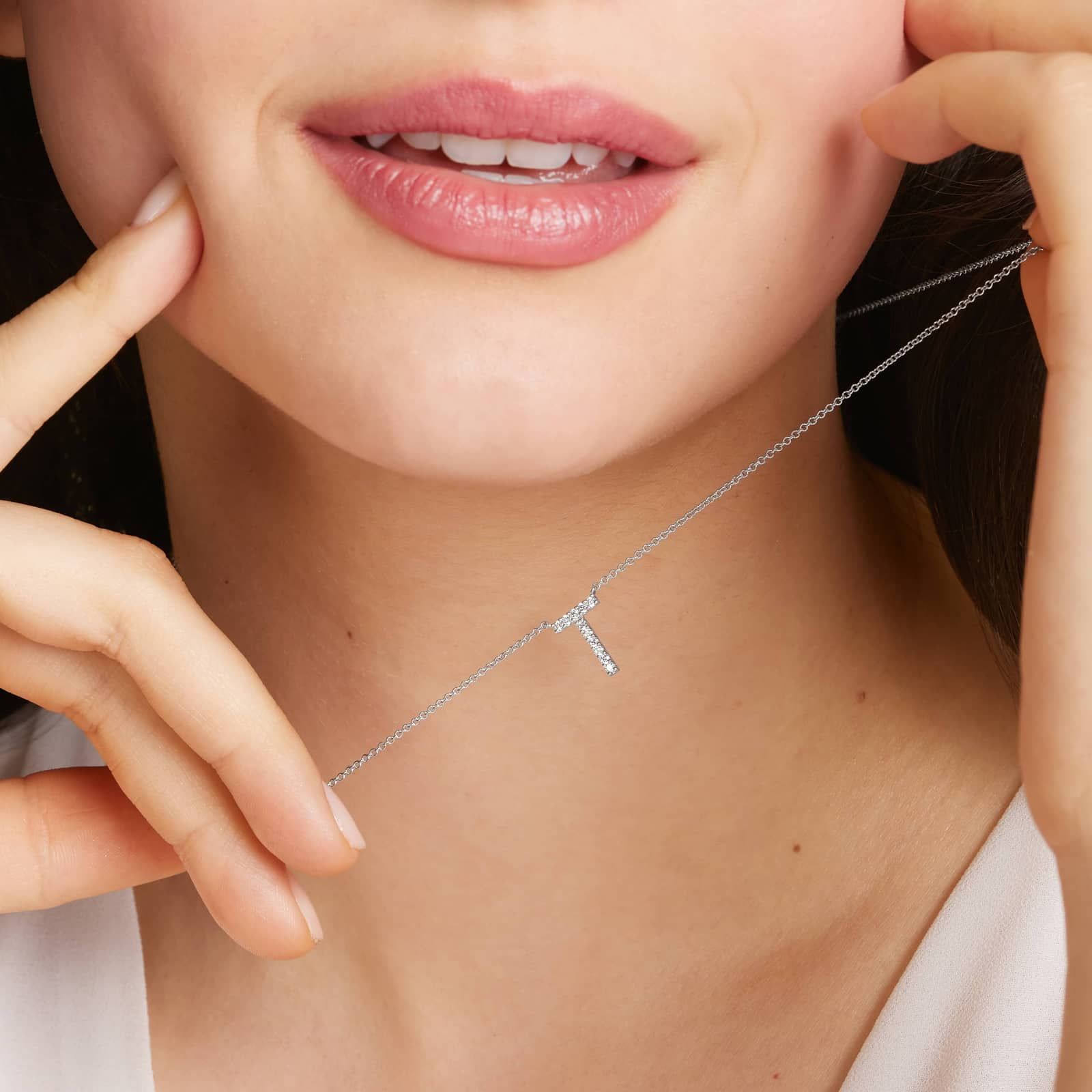 T Initial Lab-Grown Diamond Necklace In 14K White Gold
