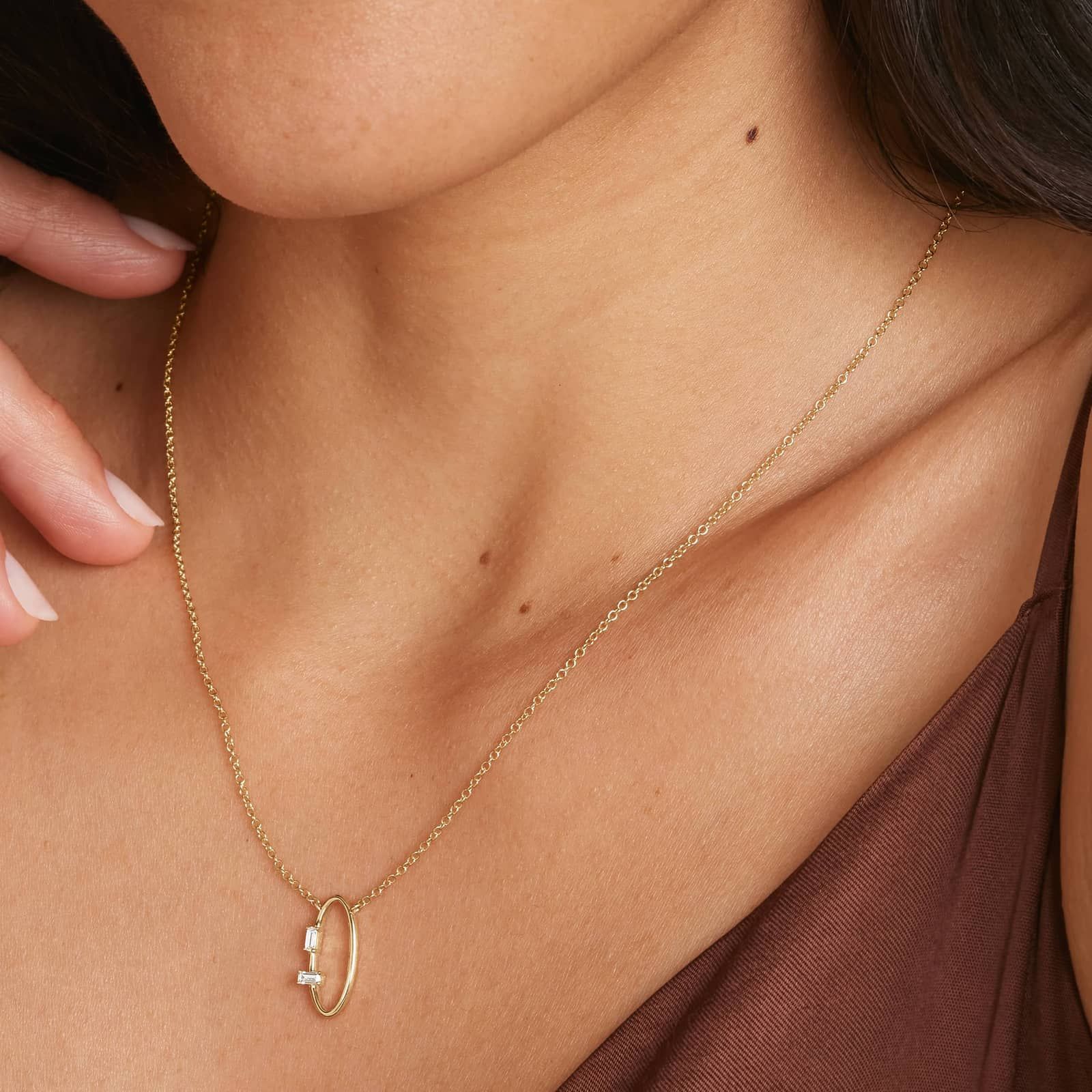 Beaming Baguette Oval Necklace With Baguette Cut Diamonds In 14K Yellow Gold