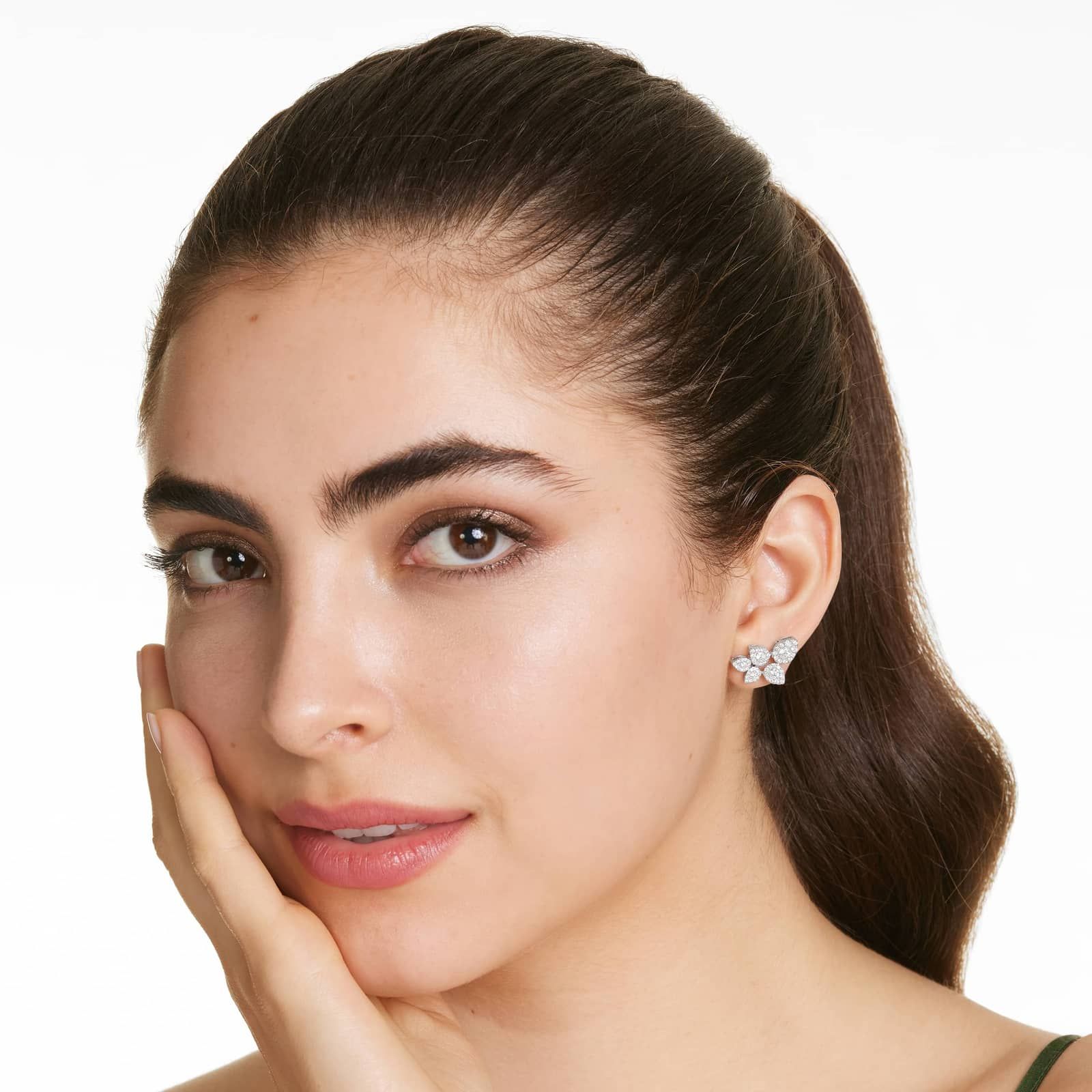 Leaf Cluster Diamond Earrings In 14K White Gold