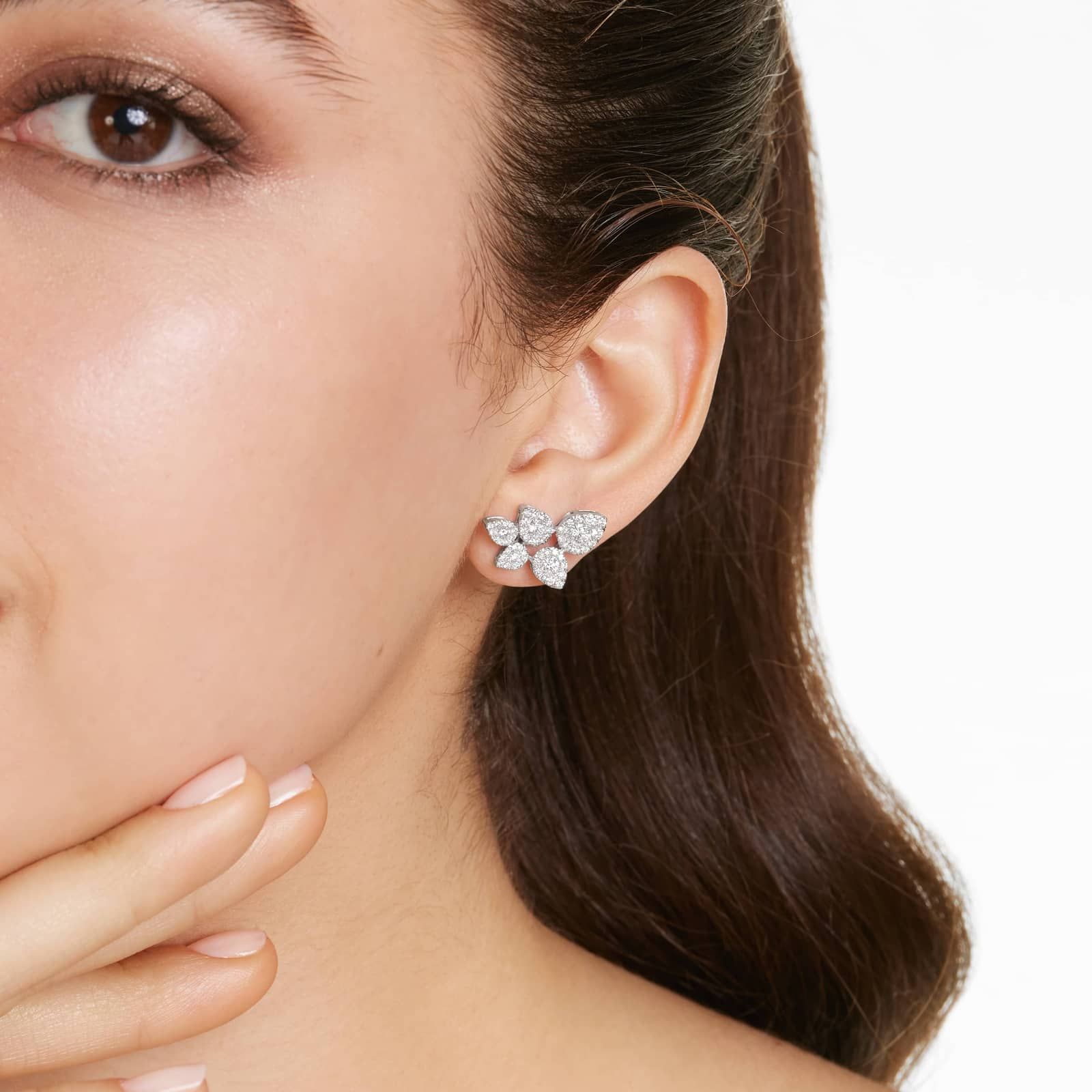 Leaf Cluster Diamond Earrings In 14K White Gold