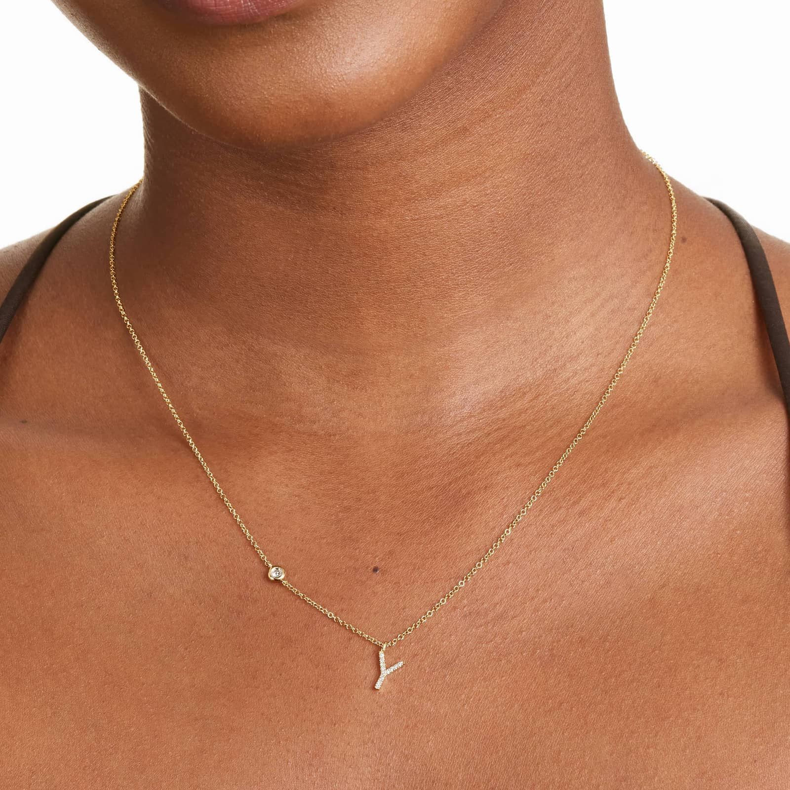 Initial Y Diamond Necklace In 14K Yellow Gold