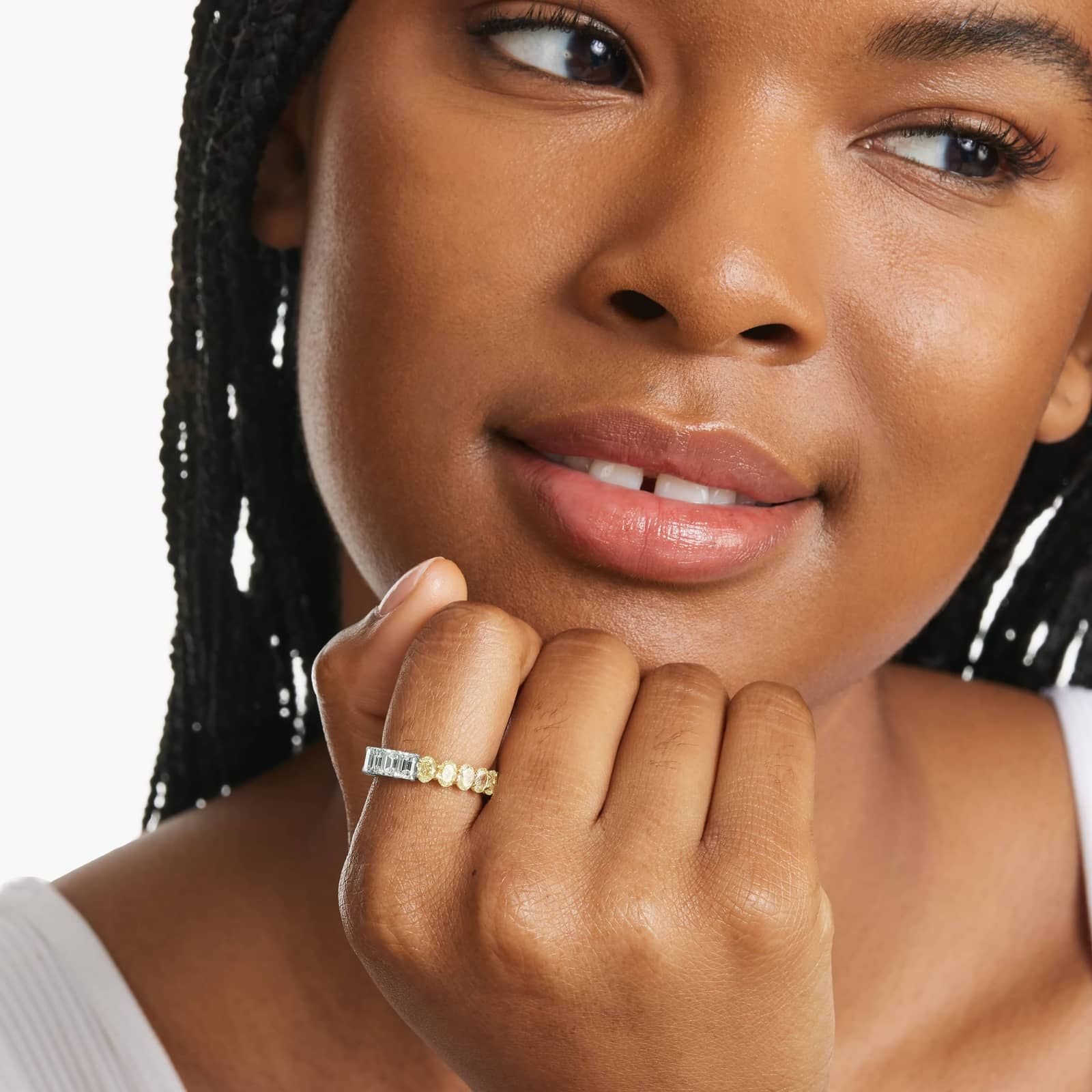 Half Emerald And Half Fancy Yellow Oval Cut Diamond Eternity Ring In 14K White Gold