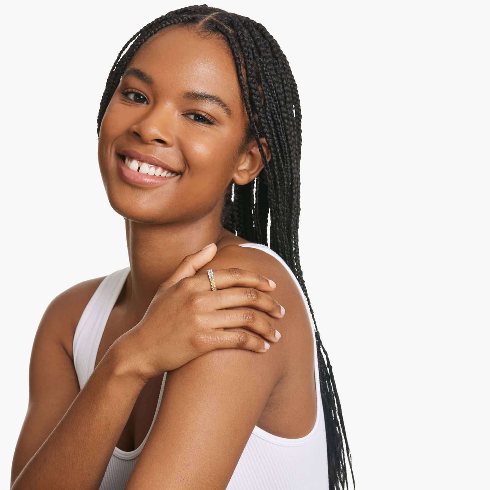 Half Emerald And Half Fancy Yellow Oval Cut Diamond Eternity Ring In 14K White Gold