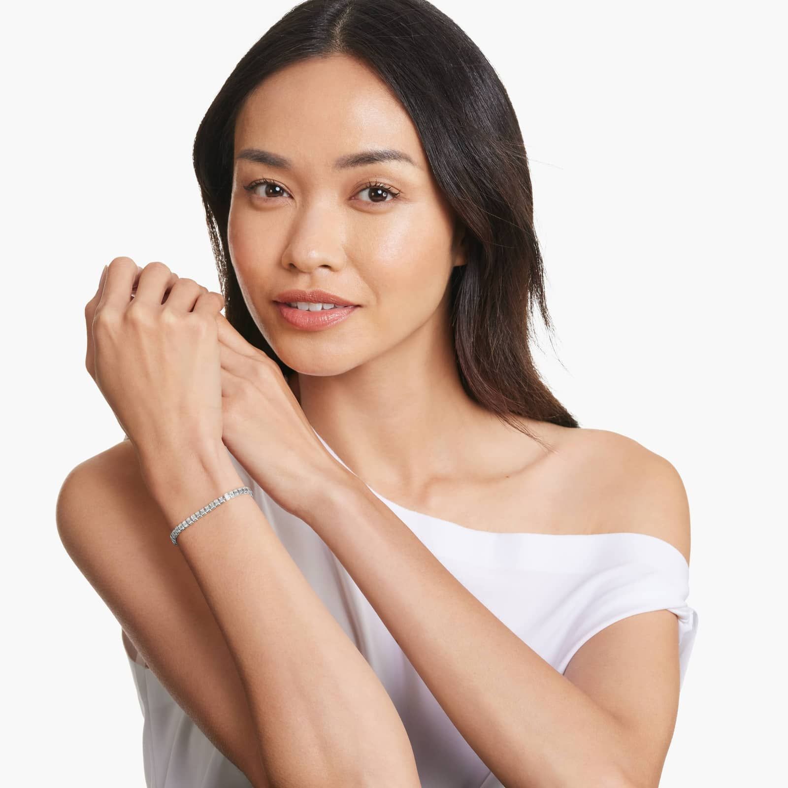 Bezel Tennis Bracelet With Emerald Cut Lab-Grown Diamonds In 14K White Gold
