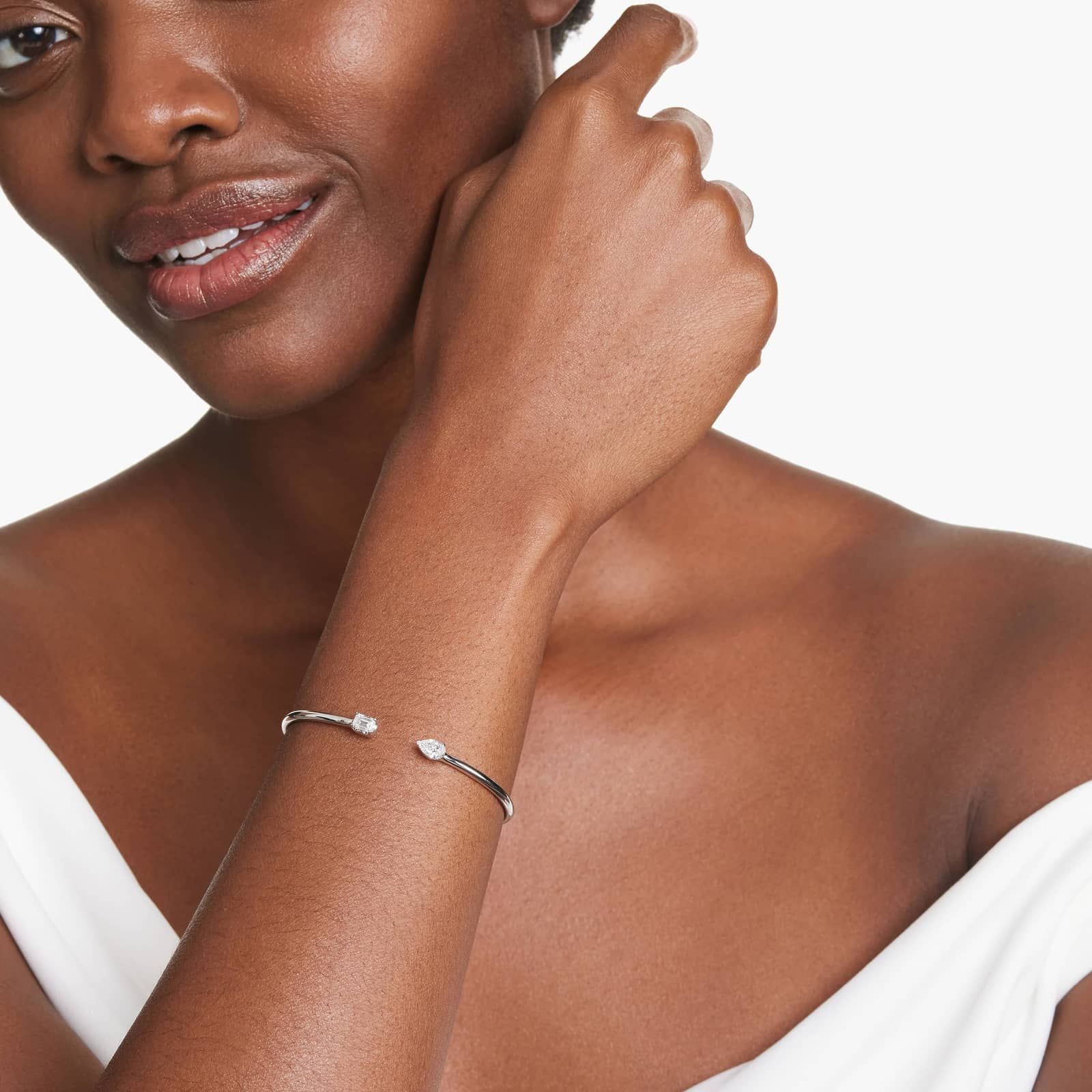 14K White Gold Pear and Emerald Cut Diamond Cuff Bracelet