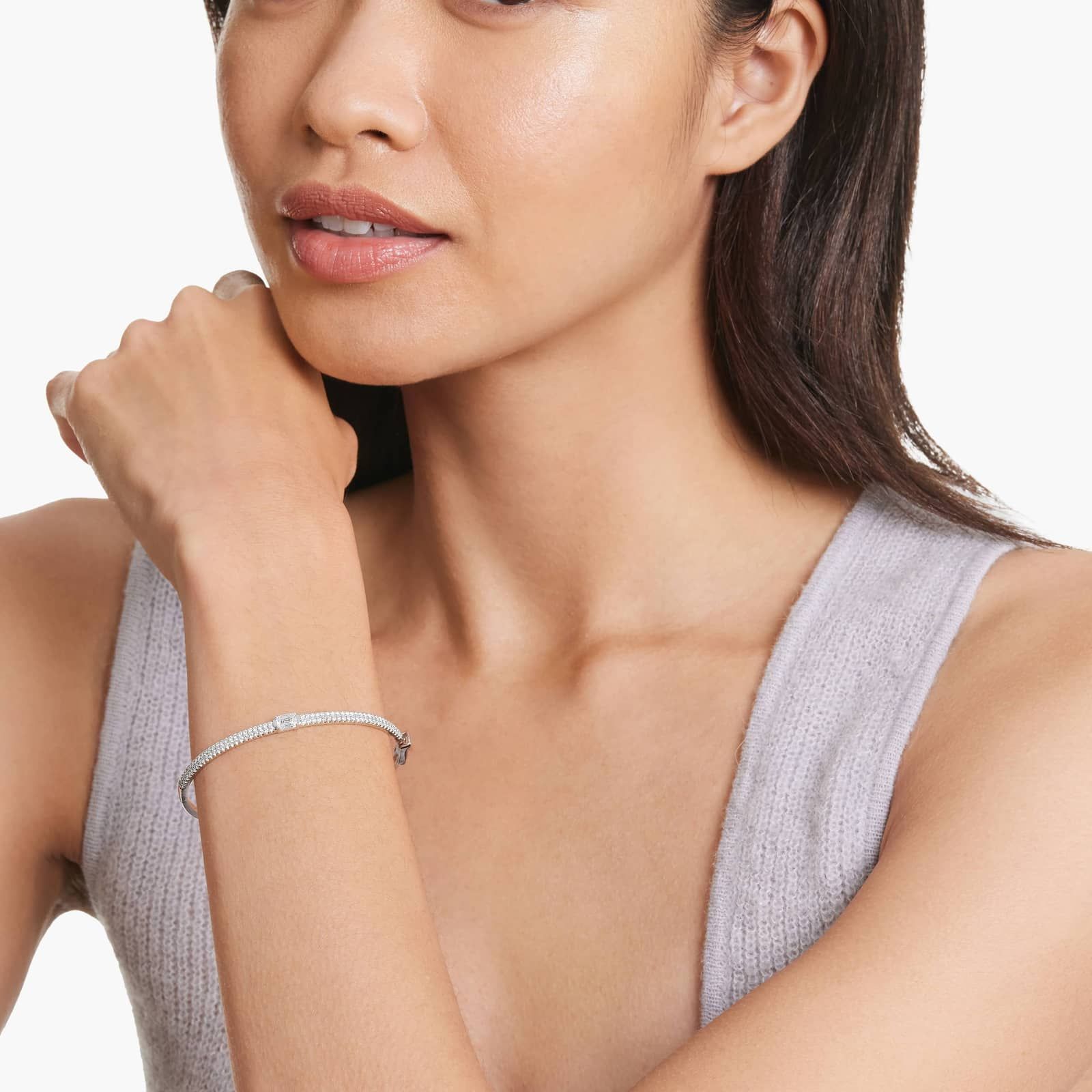 Double Row Emerald Cut Bangle Diamond Bracelet In 14K White Gold