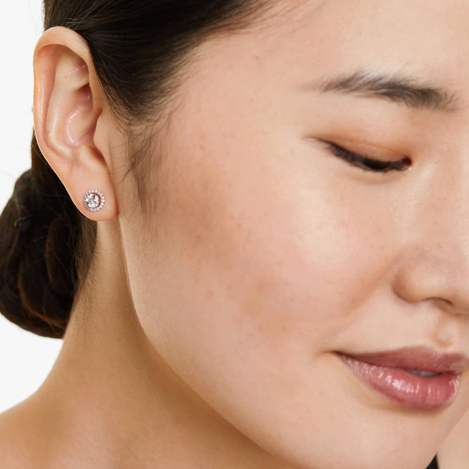 Round Morganite And Diamond Halo Stud Earrings In 14K Rose Gold