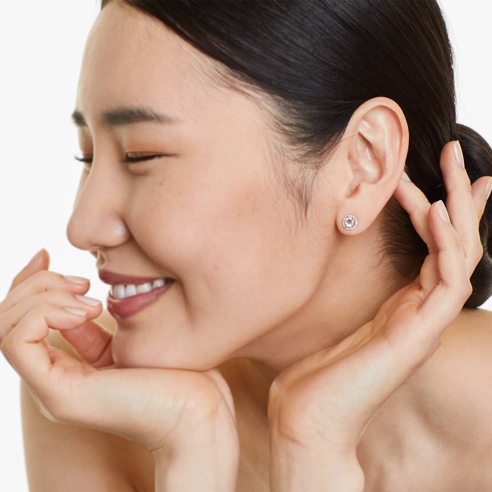 Round Morganite And Diamond Halo Stud Earrings In 14K Rose Gold