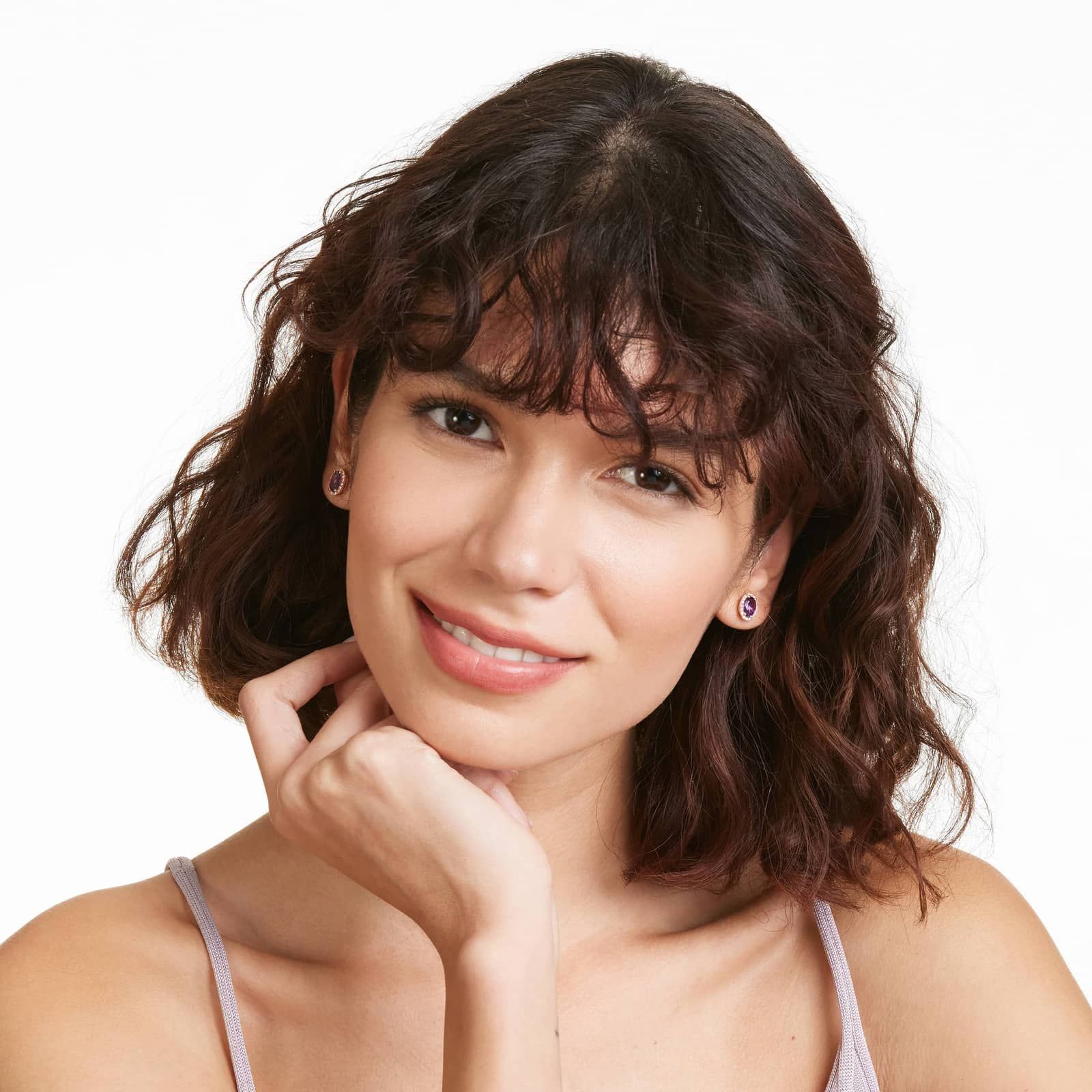 Oval Cut Amethyst And Diamond Halo Stud Earrings In 14K Rose Gold