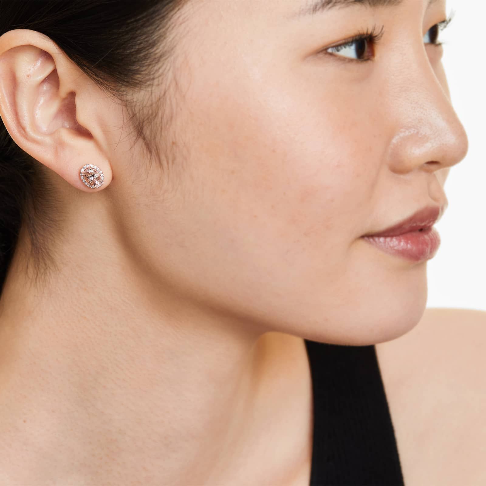 Oval Cut Morganite And Diamond Halo Stud Earrings In 14K Rose Gold