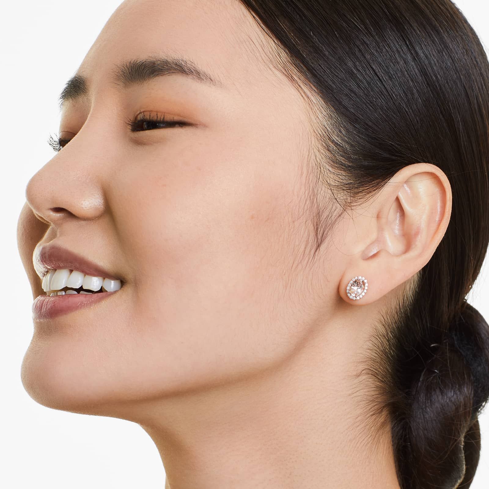 Oval Cut Morganite And Diamond Halo Stud Earrings In 14K Rose Gold