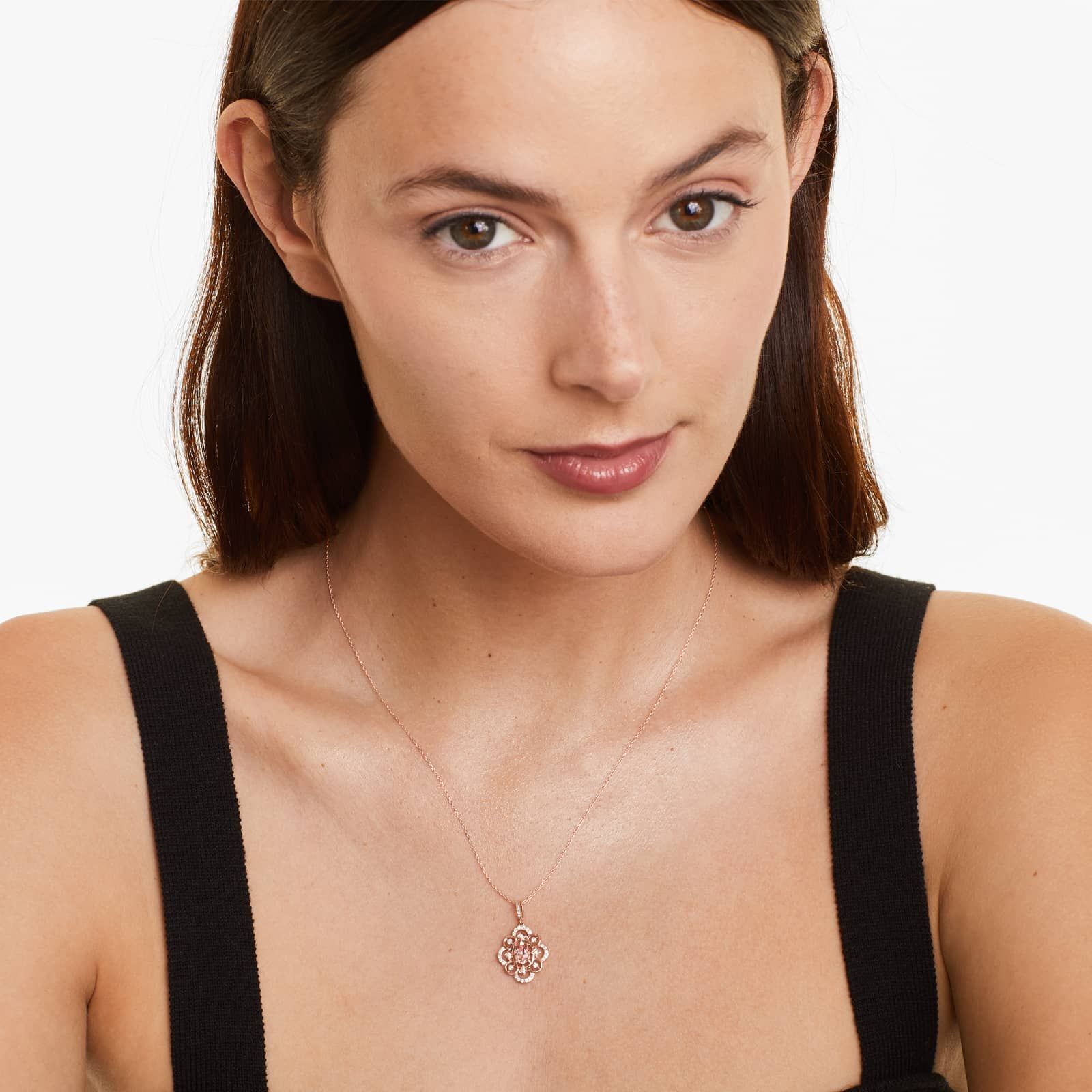 14K Rose Gold Vintage Halo Morganite and Diamond Necklace (7.0x5.0mm)