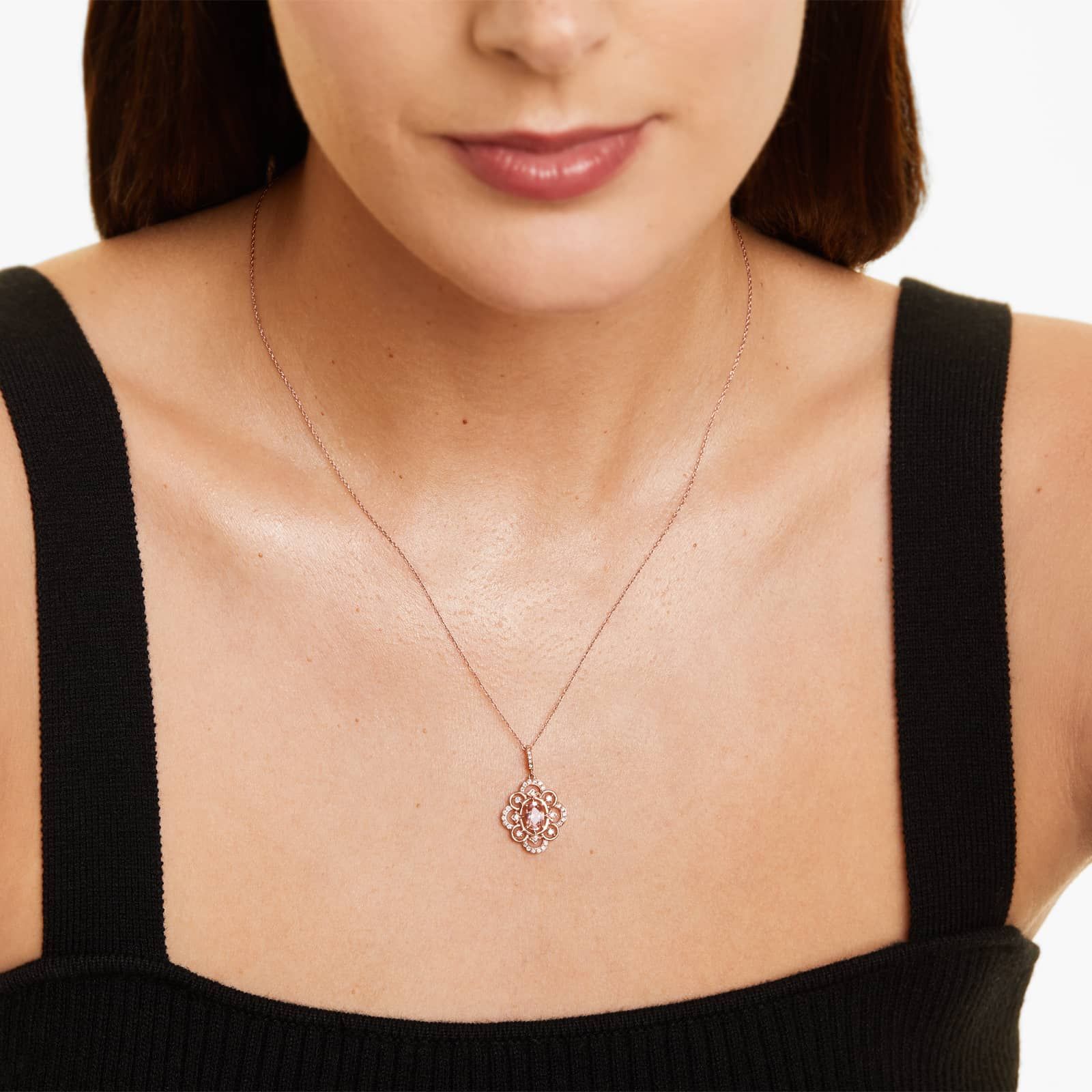 14K Rose Gold Vintage Halo Morganite and Diamond Necklace (7.0x5.0mm)