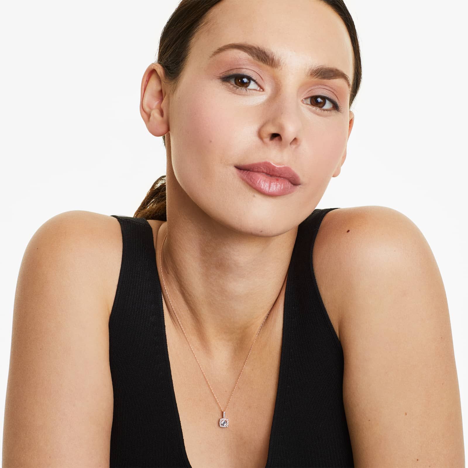 14K Rose Gold Cushion Outline Halo Morganite and Diamond Necklace (4mm)