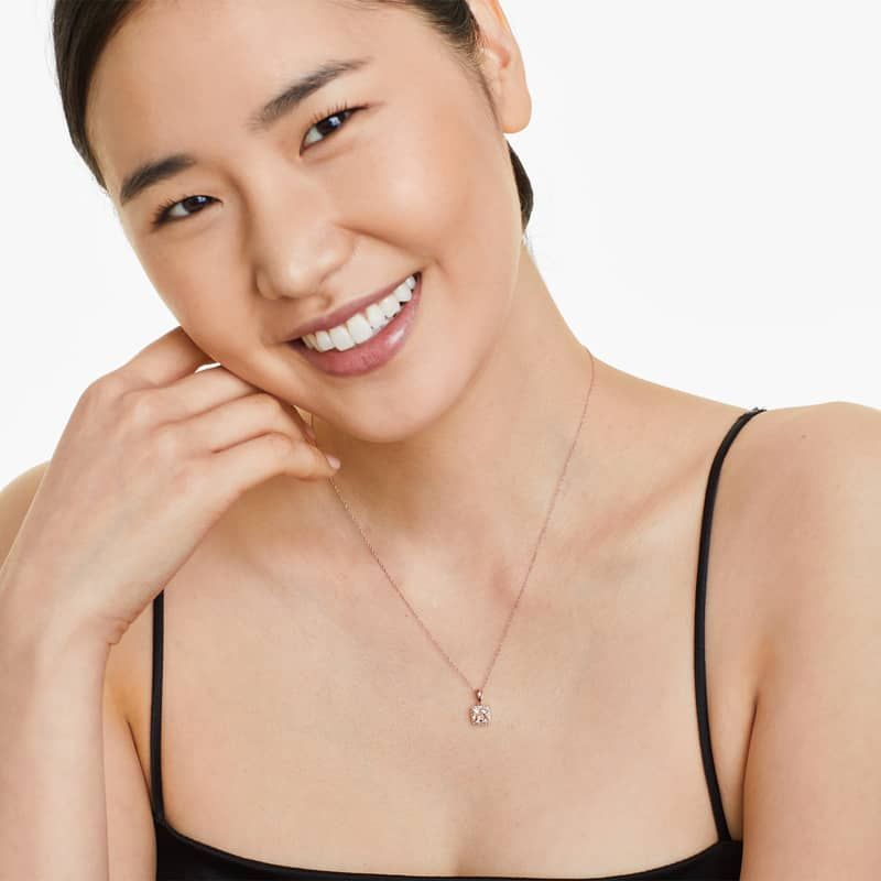 14K Rose Gold Cushion Halo Morganite and Diamond Necklace (6x6mm)