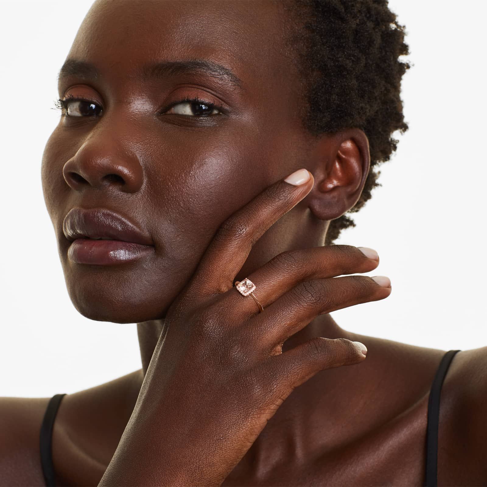 14K Rose Gold Cushion Halo Morganite and Diamond Ring (6.0x6.0mm)