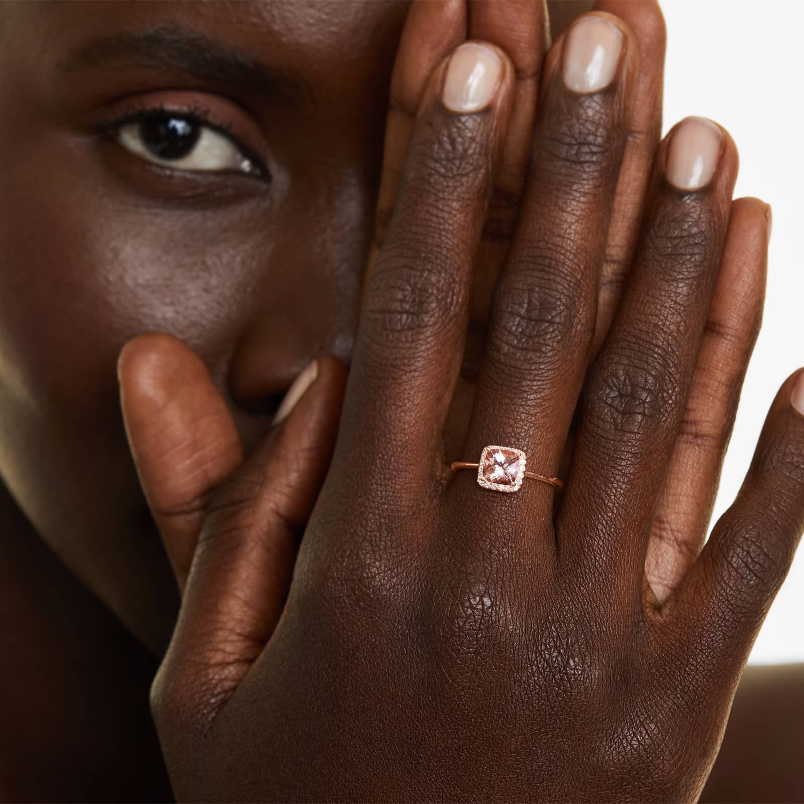 14K Rose Gold Cushion Halo Morganite and Diamond Ring (6.0x6.0mm)