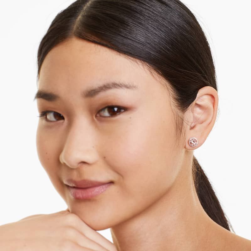 14K Rose Gold Round Halo Morganite and Diamond Stud Earrings (6mm)