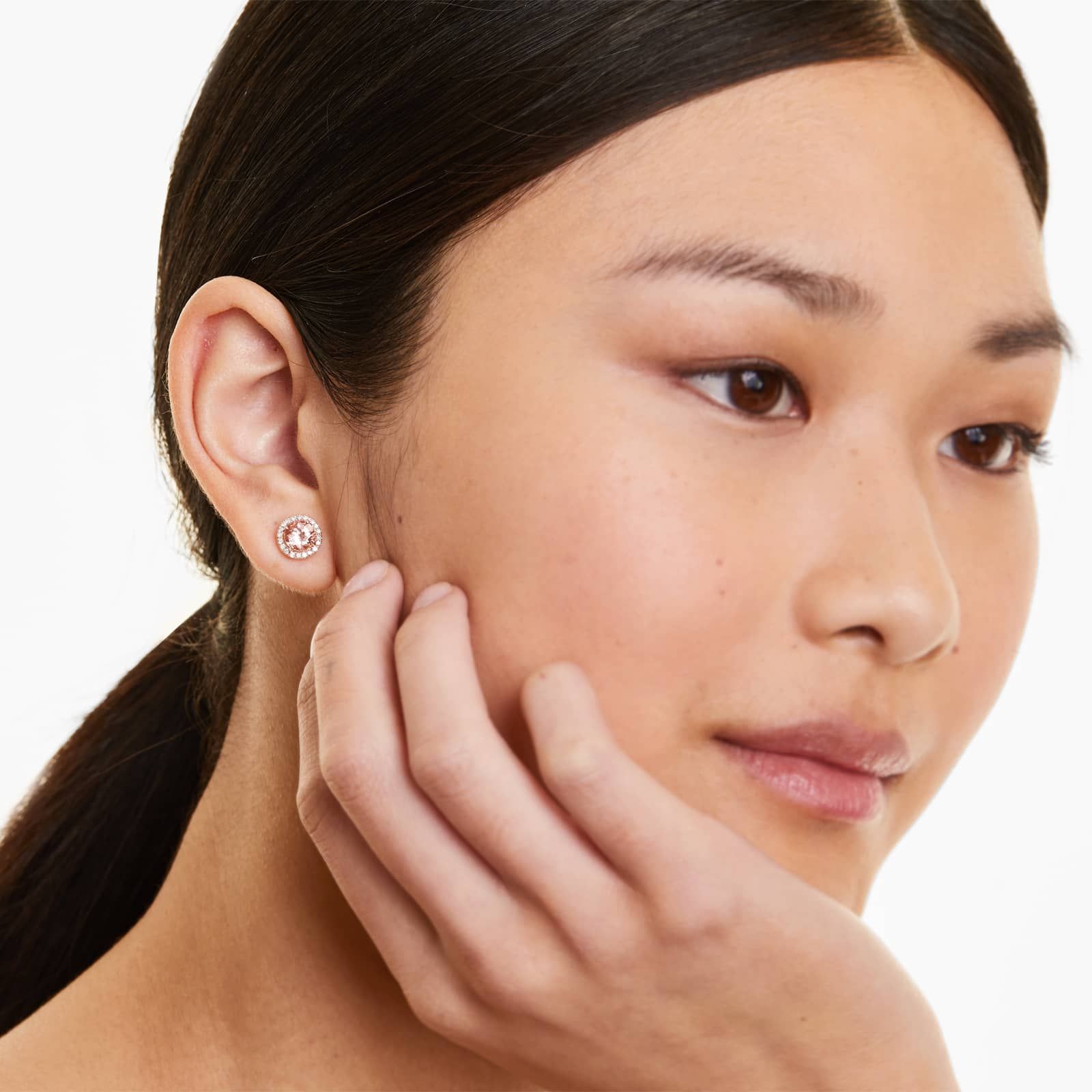 14K Rose Gold Round Halo Morganite and Diamond Stud Earrings (6mm)