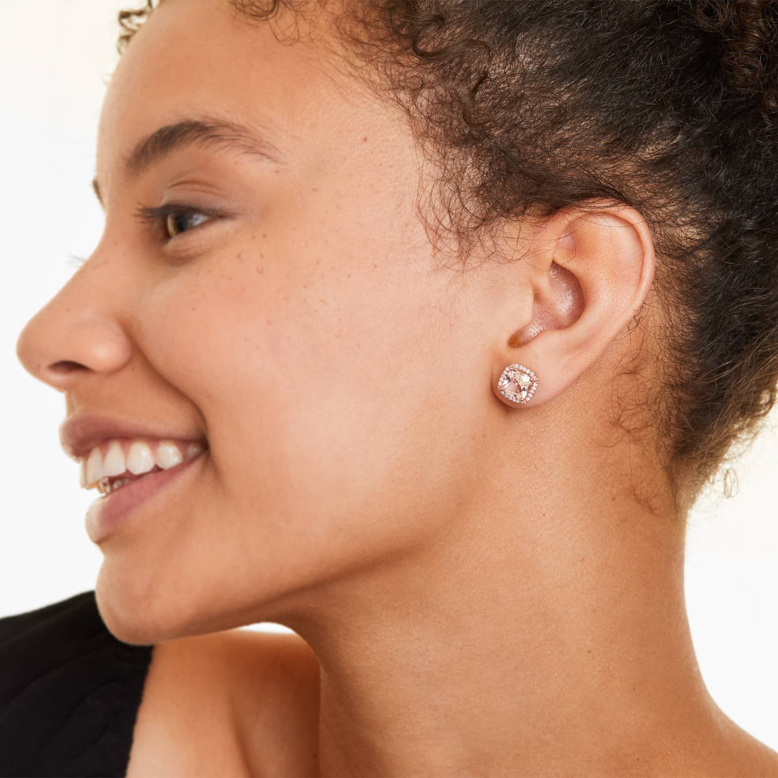 Cushion Cut Morganite And Diamond Halo Stud Earrings In 14K Rose Gold