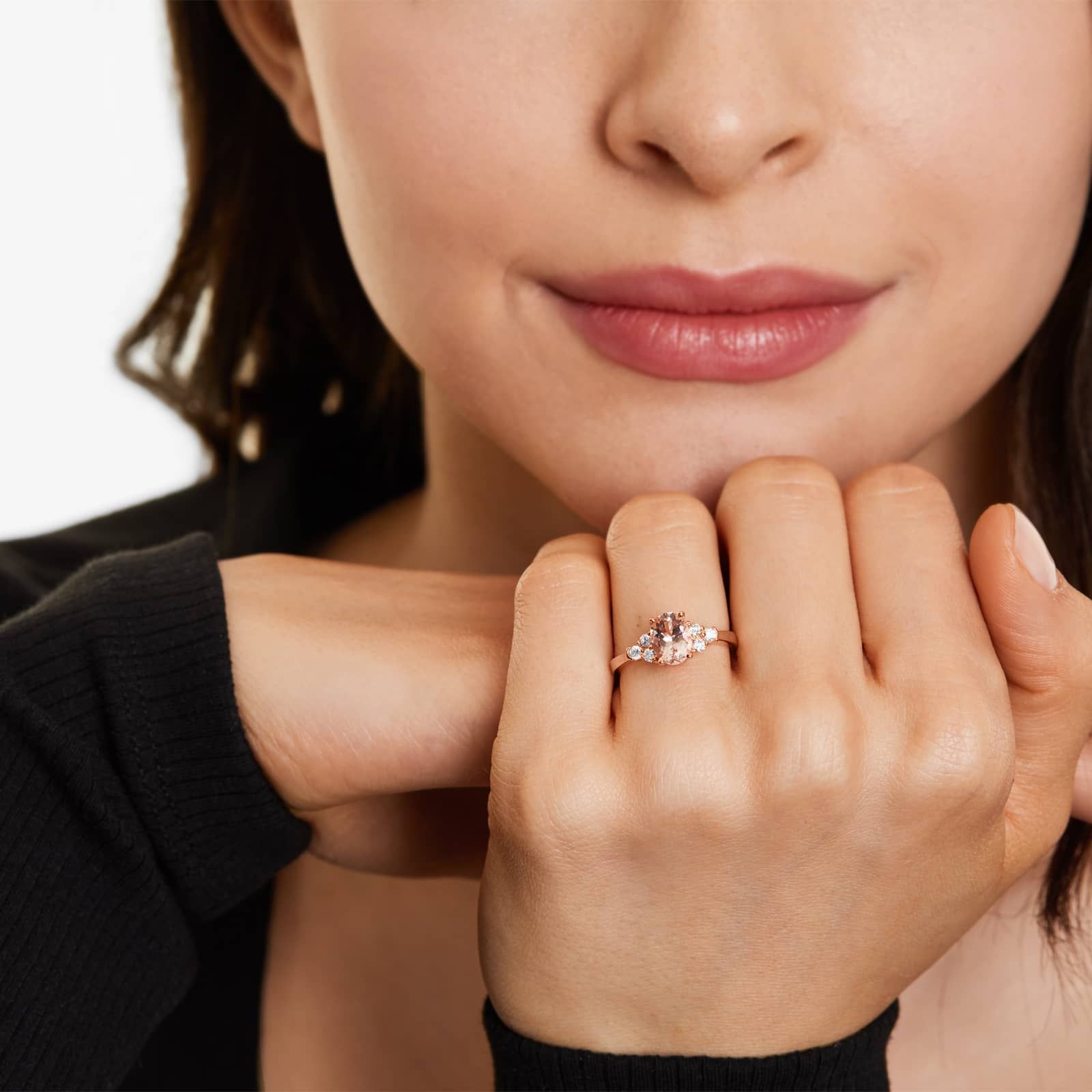 14K Rose Gold Triple Round Diamond and Oval Morganite Ring (8.0x6.0mm)