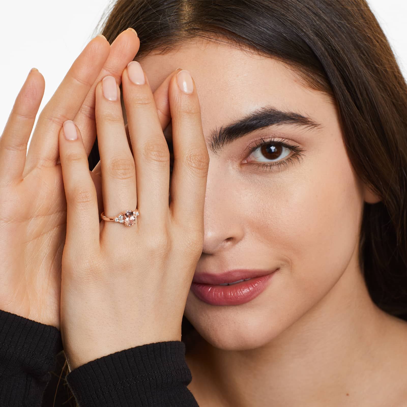 14K Rose Gold Triple Round Diamond and Oval Morganite Ring (8.0x6.0mm)