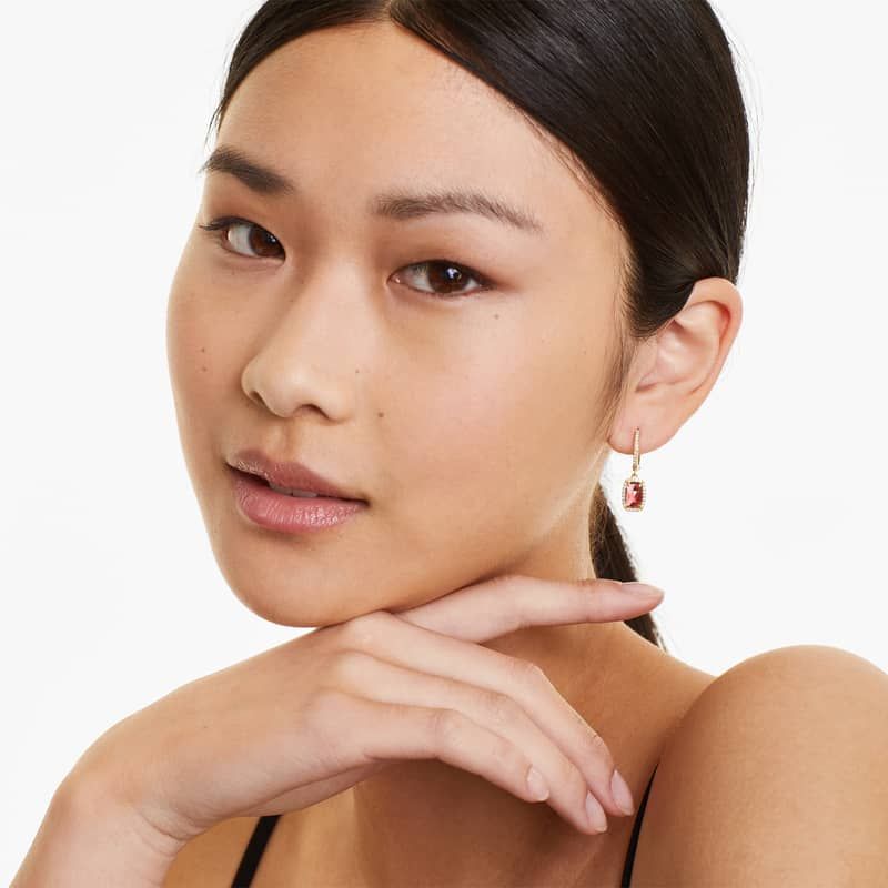 Elongated Cushion Cut Garnet And Diamond Halo Drop Earrings In 14K Yellow Gold