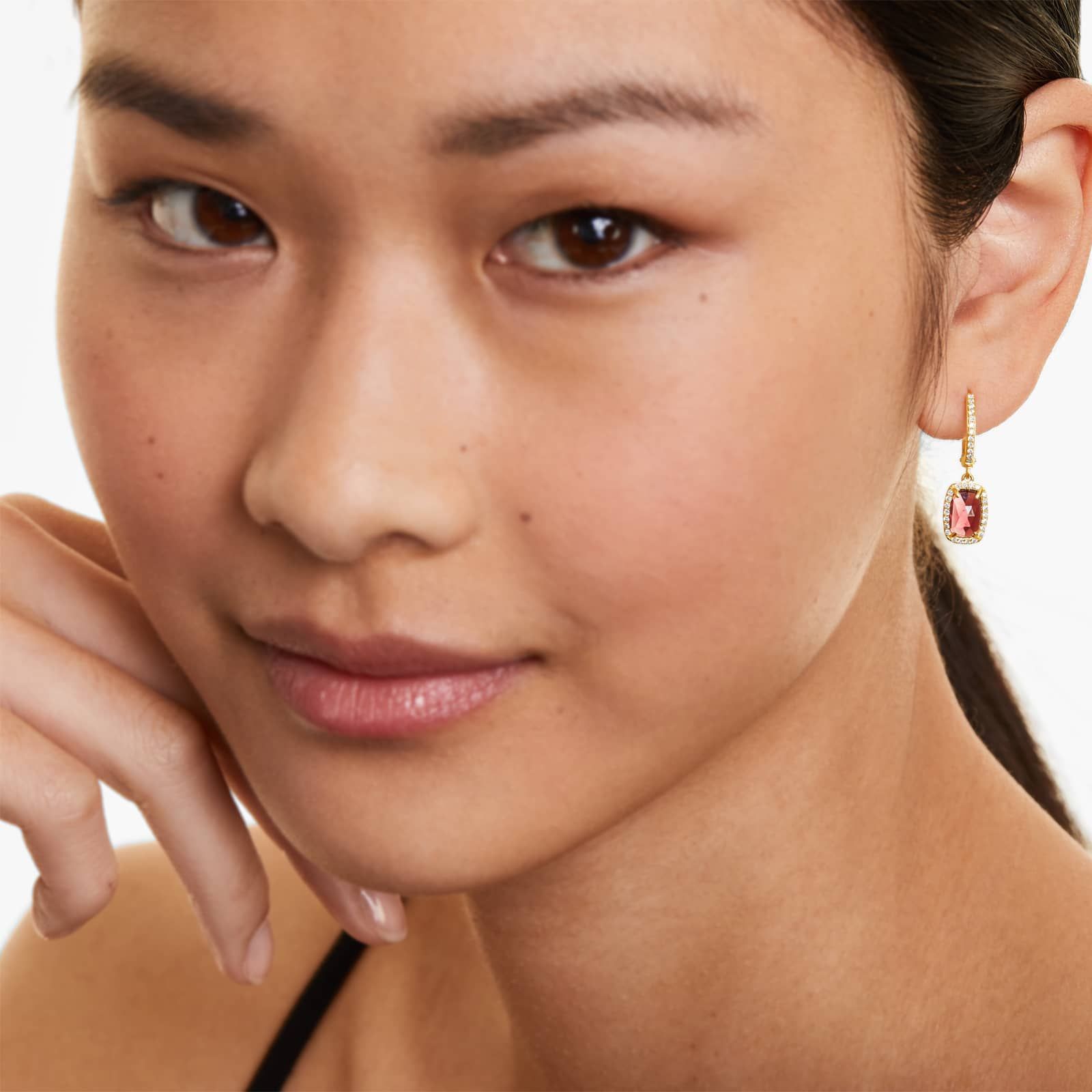 Elongated Cushion Cut Garnet And Diamond Halo Drop Earrings In 14K Yellow Gold