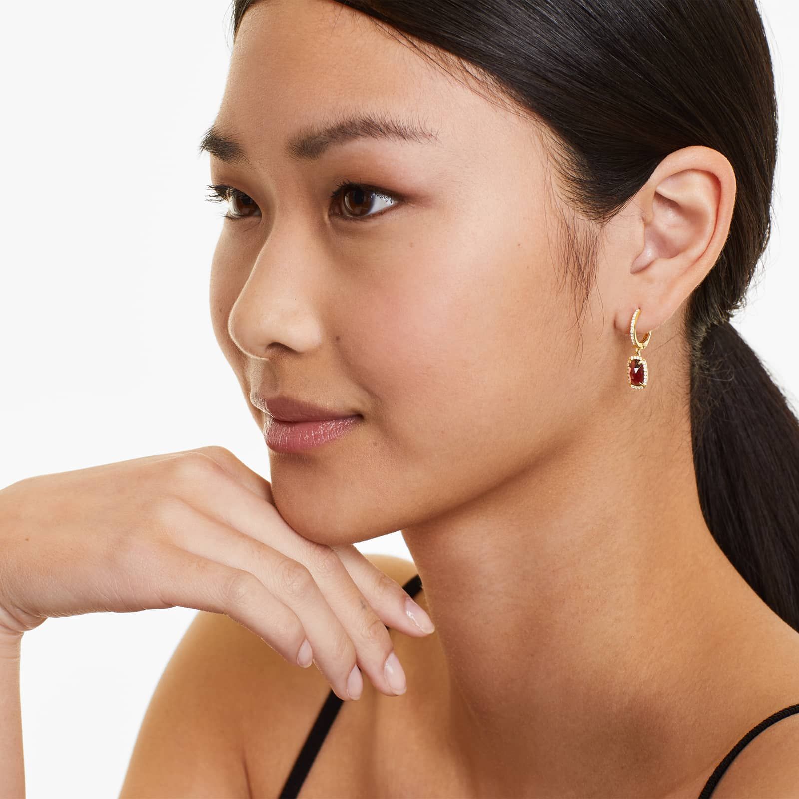 Elongated Cushion Cut Garnet And Diamond Halo Drop Earrings In 14K Yellow Gold