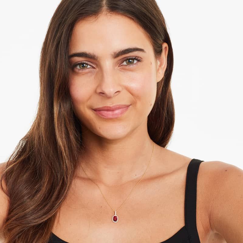 14K Yellow Gold Elongated Cushion Halo Garnet and Diamond Necklace (9.0x6.0mm)