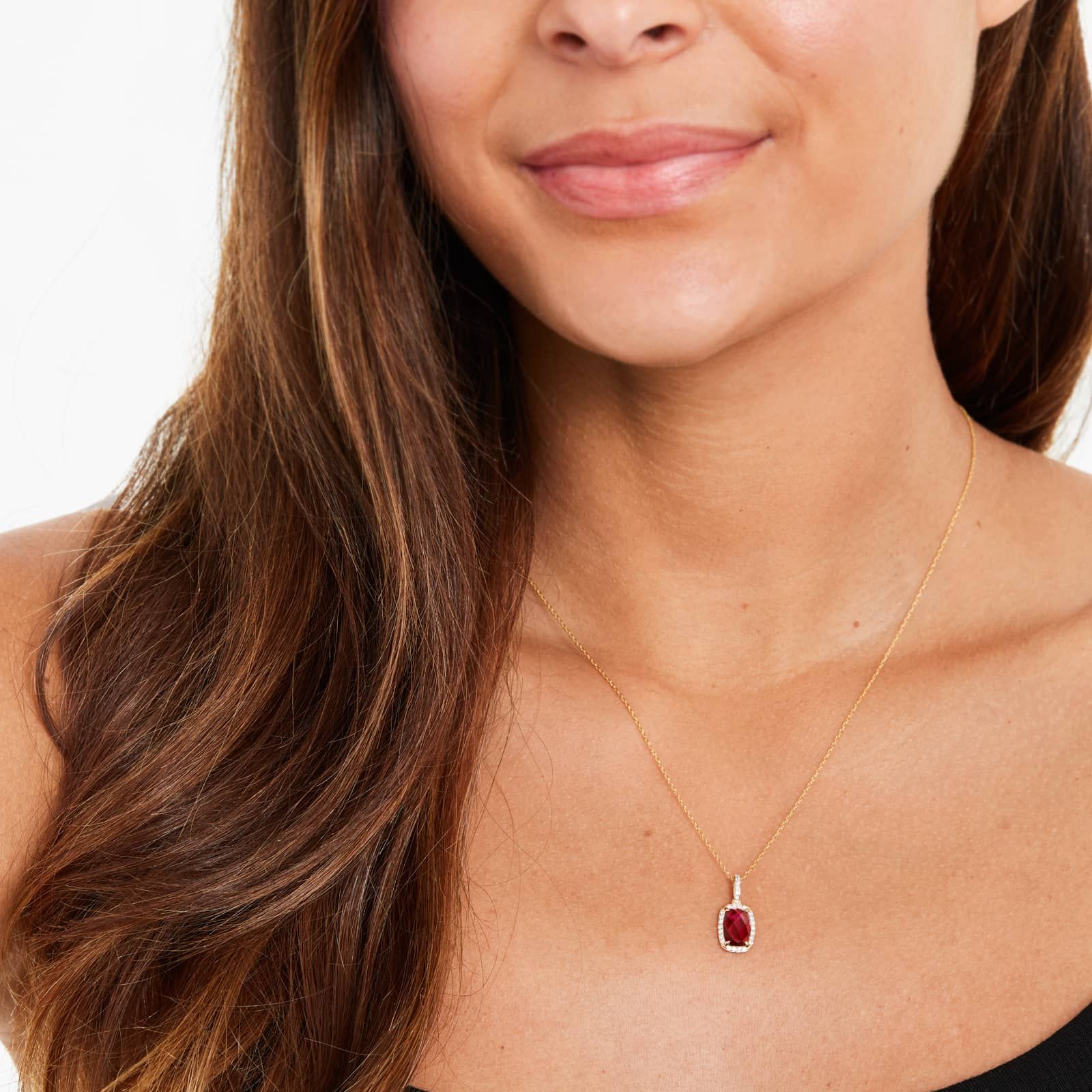 14K Yellow Gold Elongated Cushion Halo Garnet and Diamond Necklace (9.0x6.0mm)