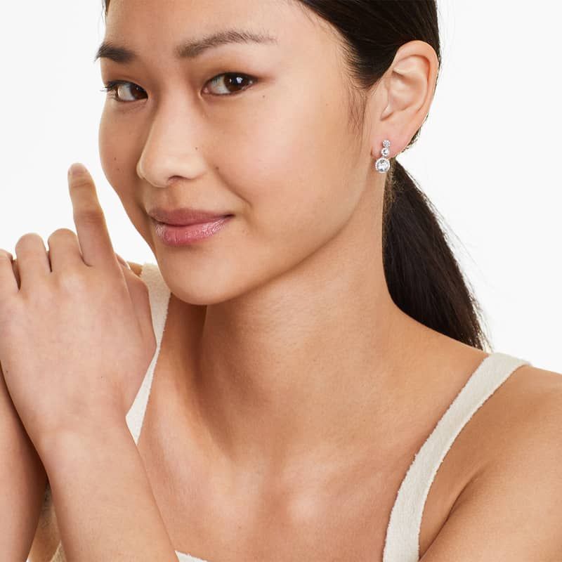 Graduated Round Aquamarine Trio And Diamond Halo Drop Earrings In 14K White Gold