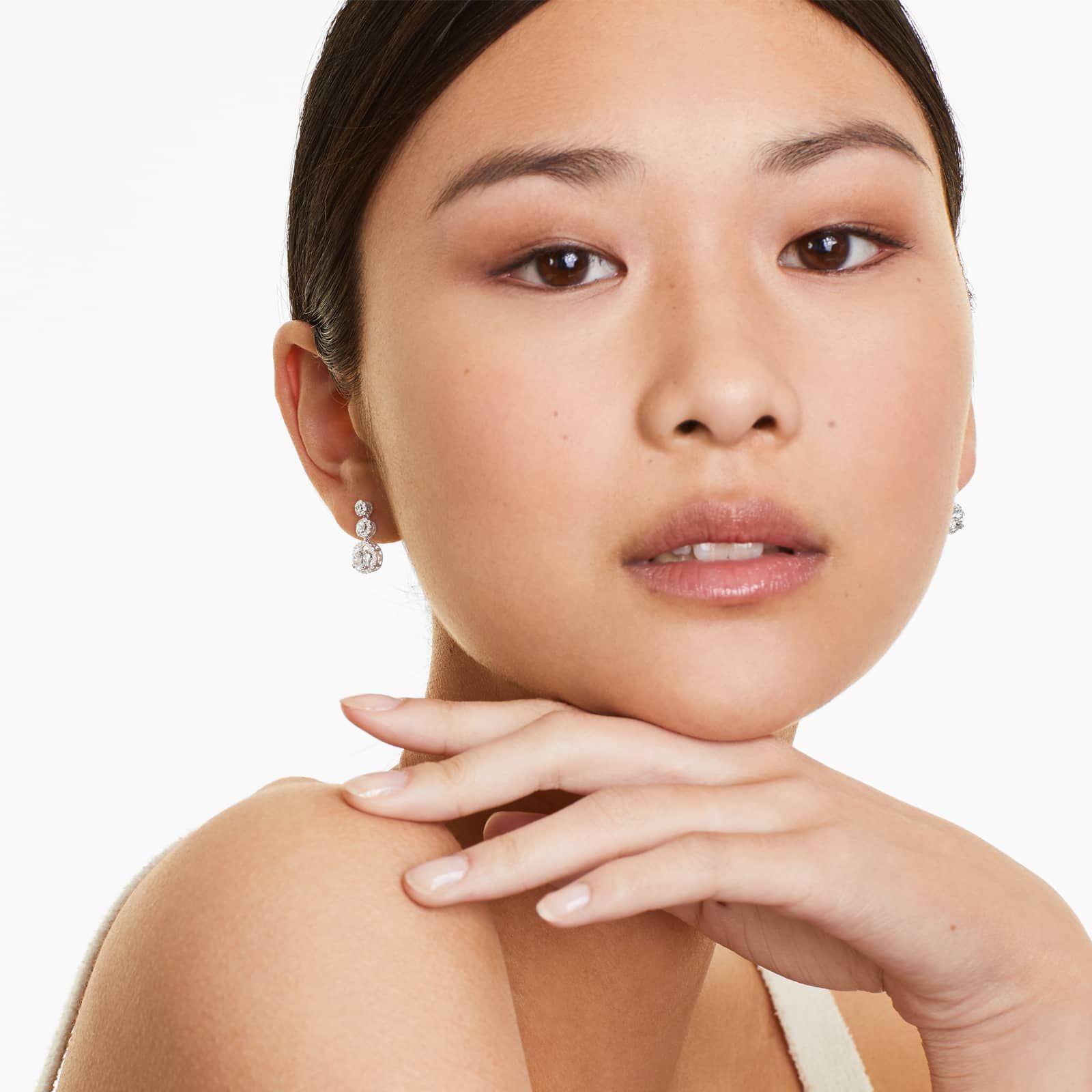 Graduated Round Aquamarine Trio And Diamond Halo Drop Earrings In 14K White Gold