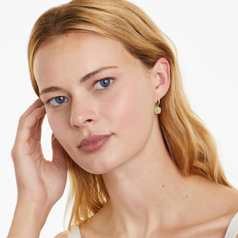 Cushion Cut Peridot And Diamond Halo Drop Earrings In 14K Yellow Gold