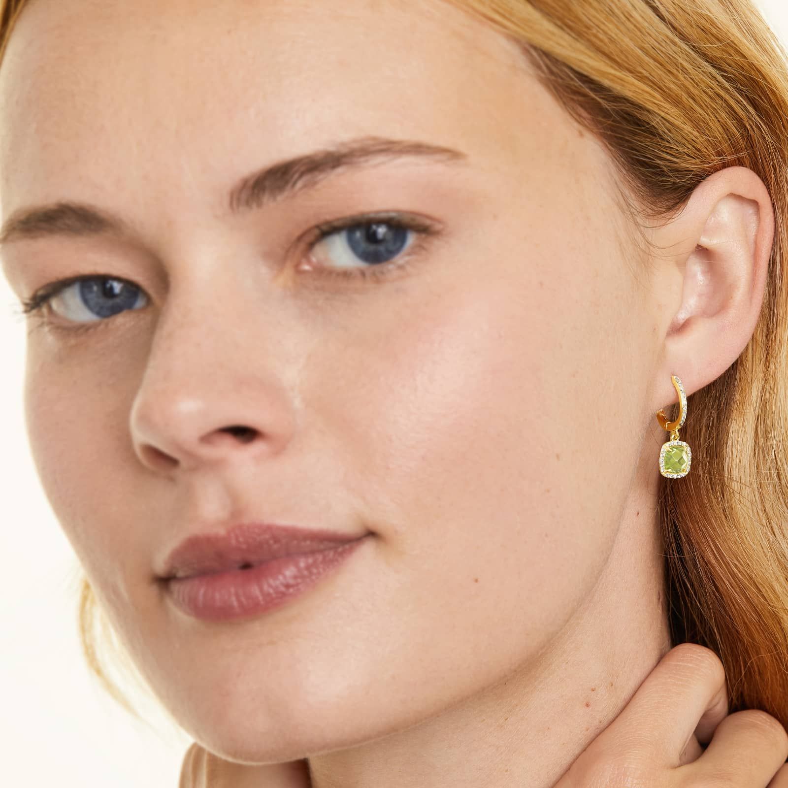 Cushion Cut Peridot And Diamond Halo Drop Earrings In 14K Yellow Gold