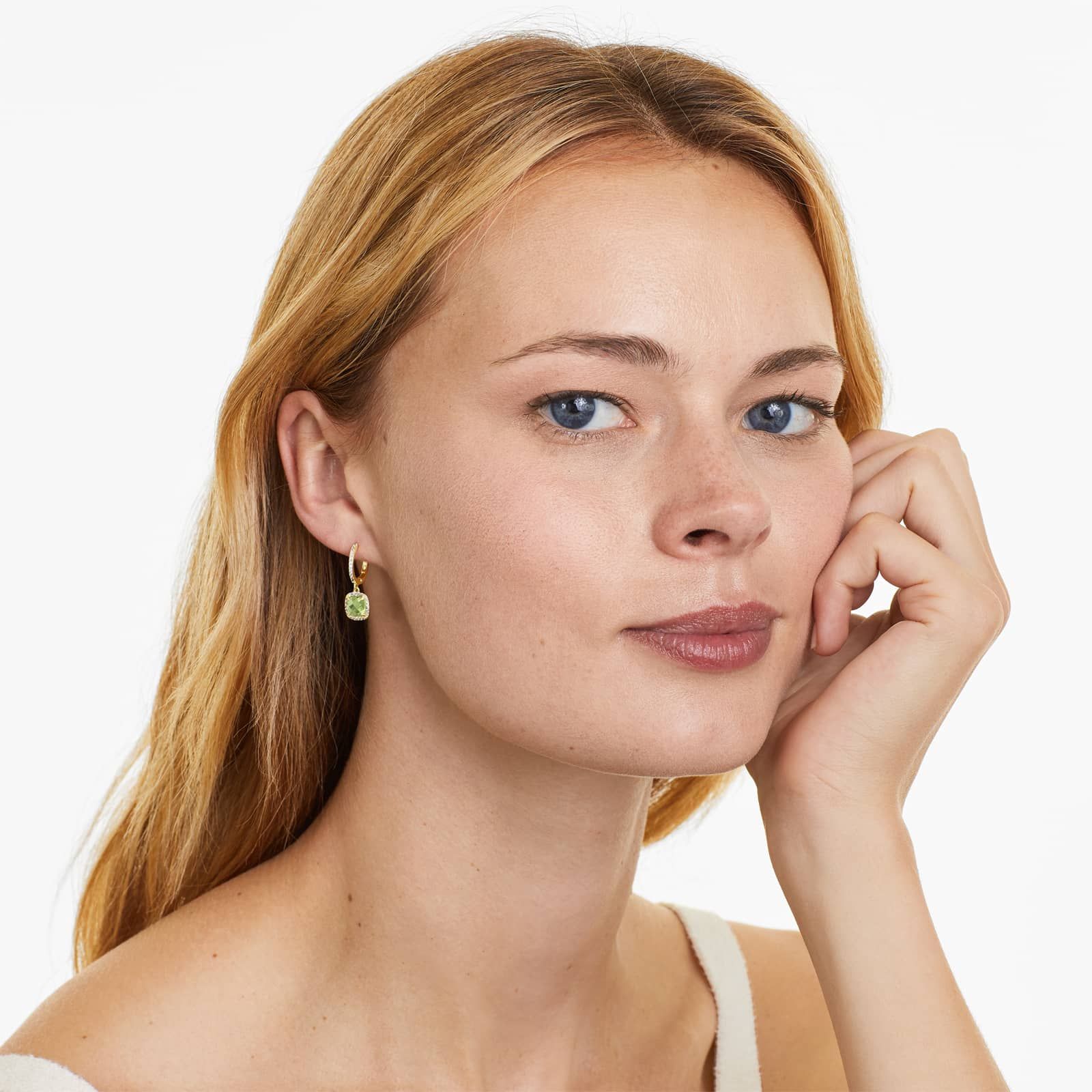 Cushion Cut Peridot And Diamond Halo Drop Earrings In 14K Yellow Gold