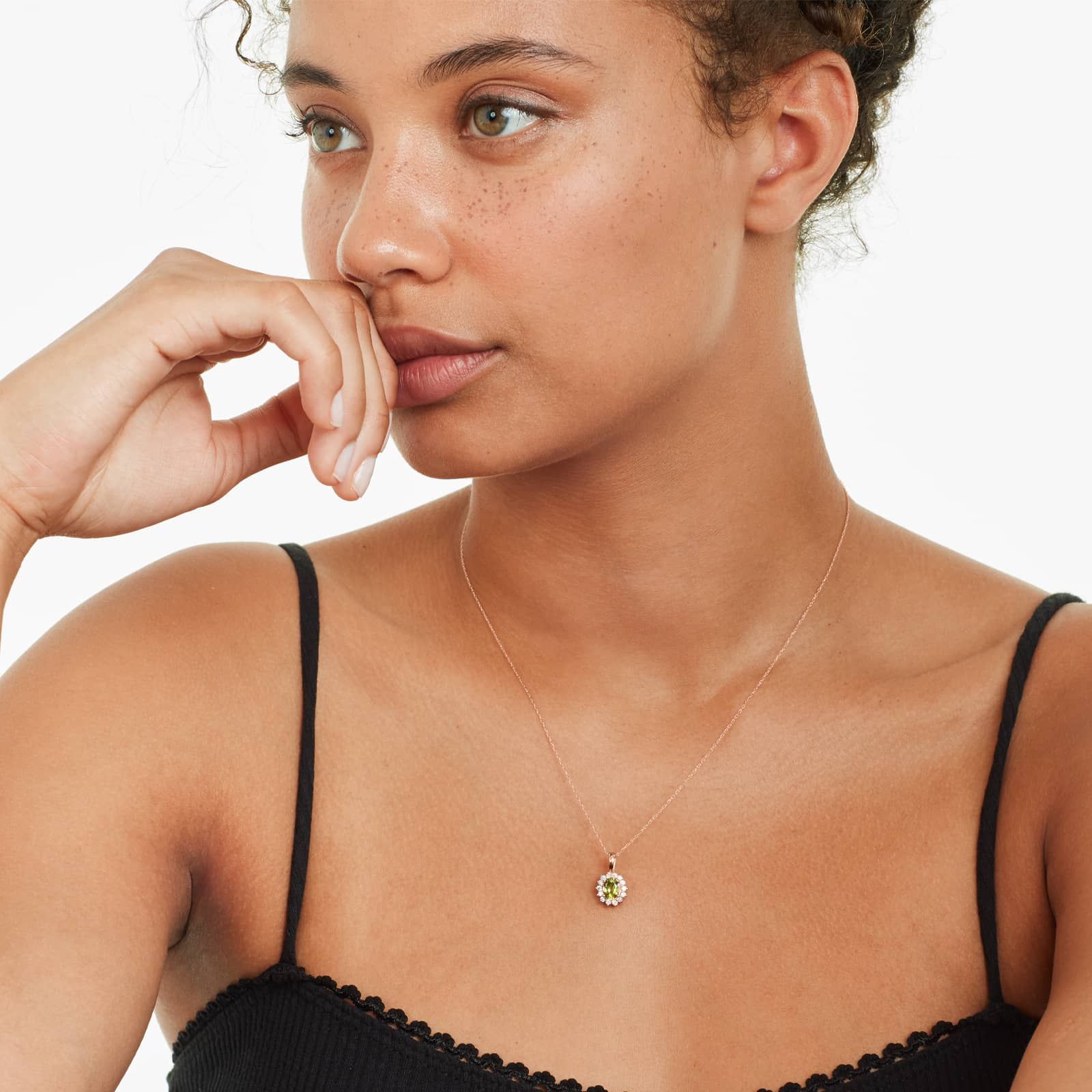 14K Rose Gold Oval Halo Peridot and Diamond Necklace (7.0x5.0mm)