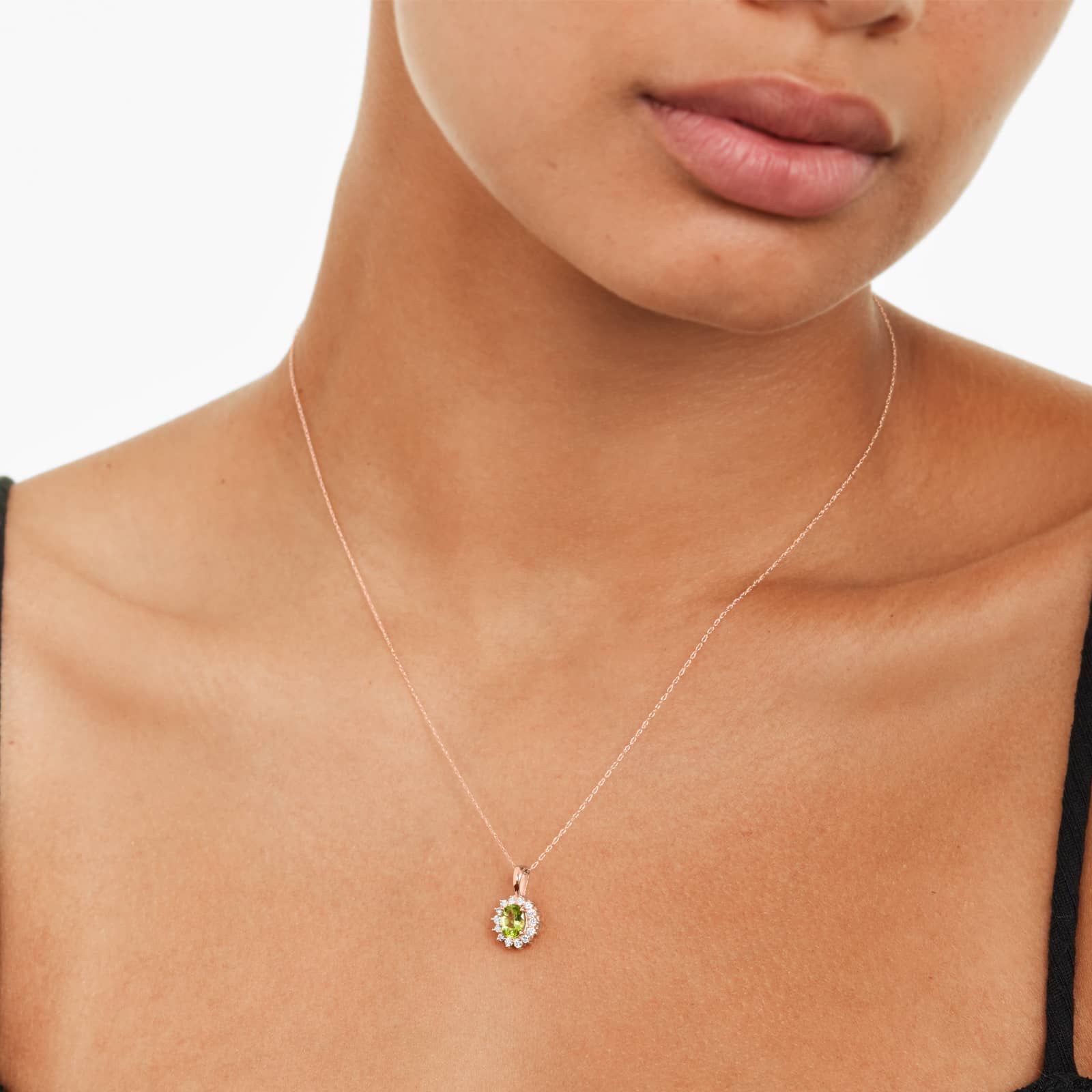 14K Rose Gold Oval Halo Peridot and Diamond Necklace (7.0x5.0mm)