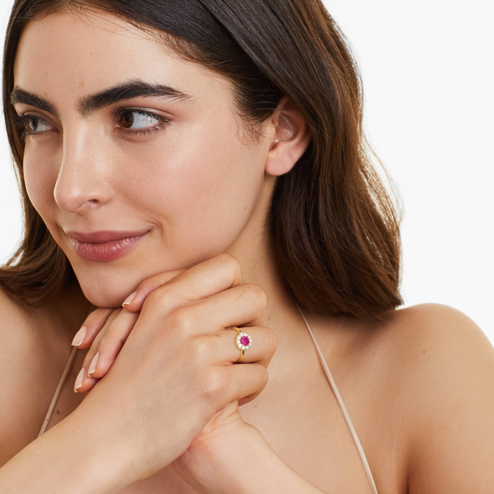 14K Yellow Gold Round Halo Ruby and Diamond Ring (5.5mm)