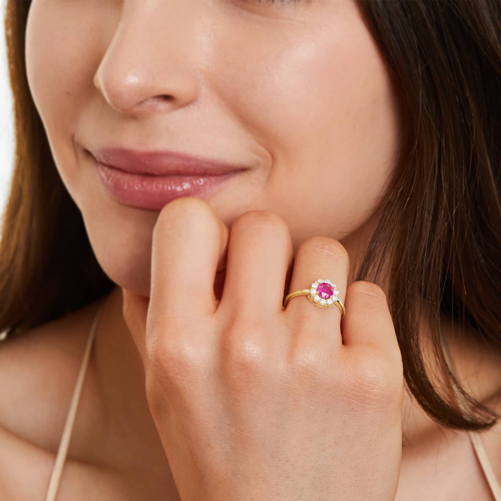 14K Yellow Gold Round Halo Ruby and Diamond Ring (5.5mm)