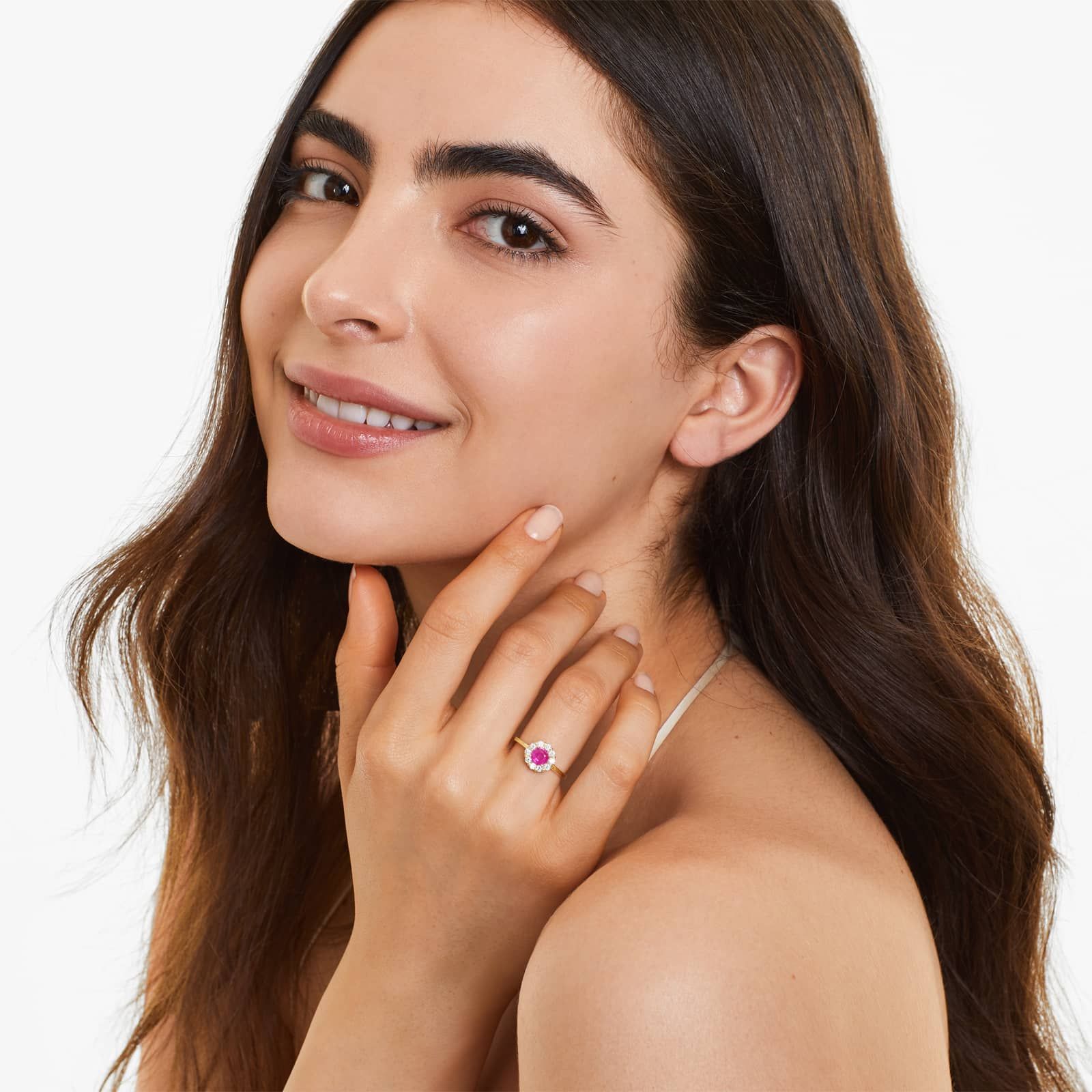 14K Yellow Gold Round Halo Ruby and Diamond Ring (5.5mm)