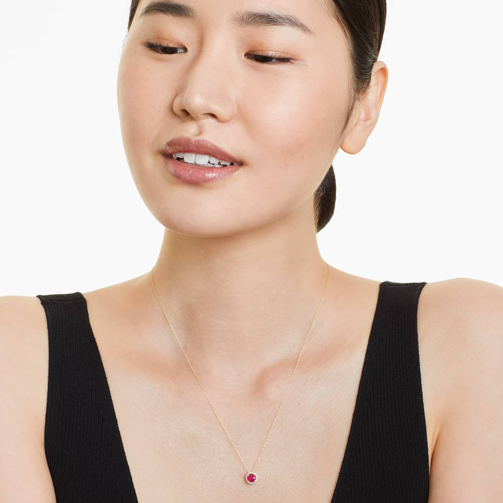14K Yellow Gold Round Halo Ruby and Diamond Necklace (5.0mm)