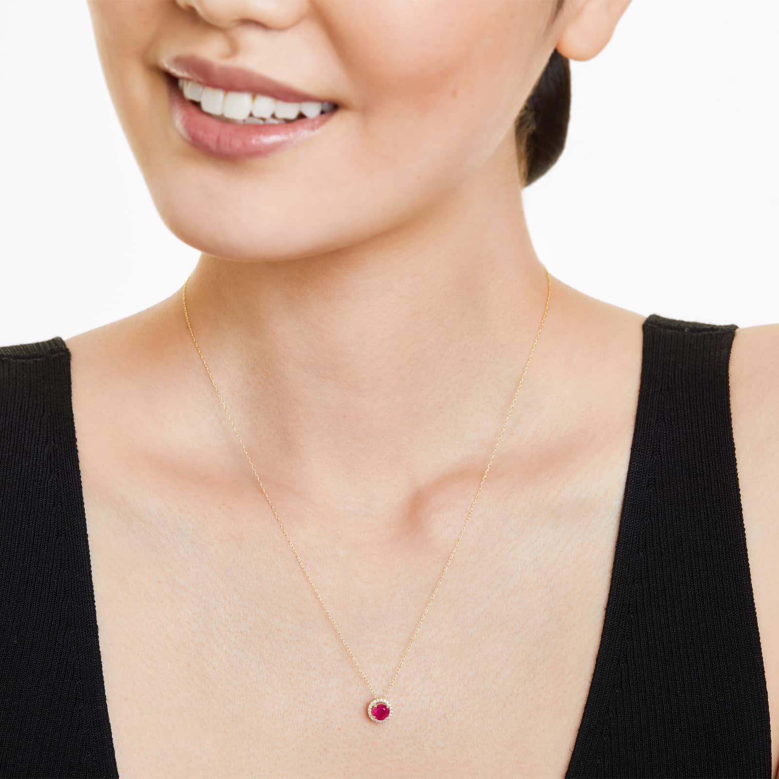 14K Yellow Gold Round Halo Ruby and Diamond Necklace (5.0mm)