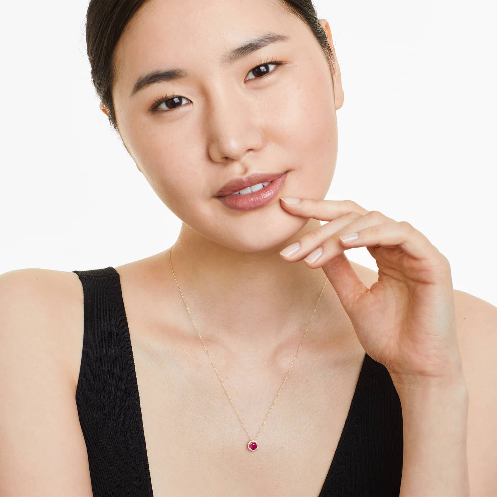 14K Yellow Gold Round Halo Ruby and Diamond Necklace (5.0mm)