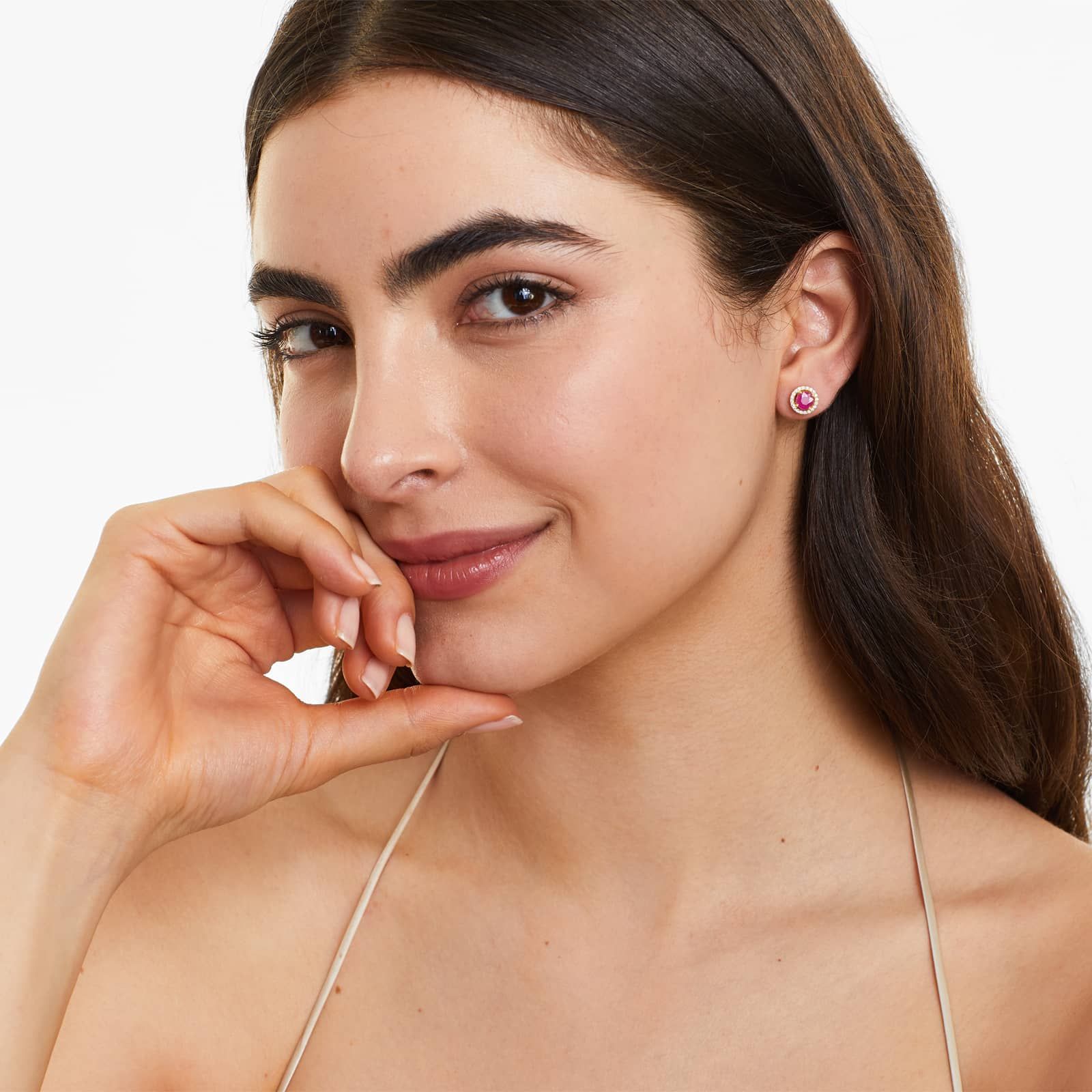 Round Ruby And Diamond Halo Stud Earrings In 14K Yellow Gold