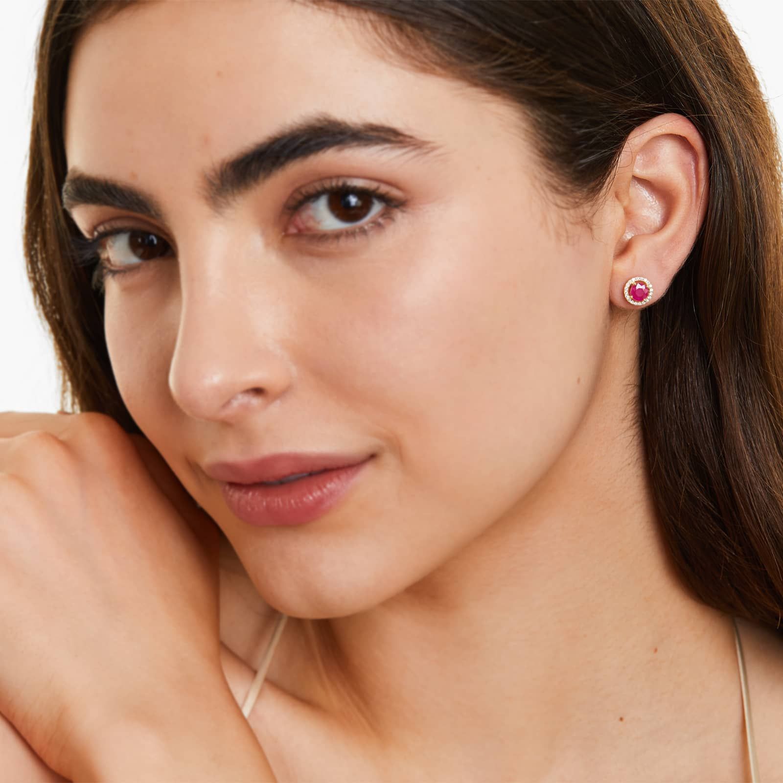 Round Ruby And Diamond Halo Stud Earrings In 14K Yellow Gold