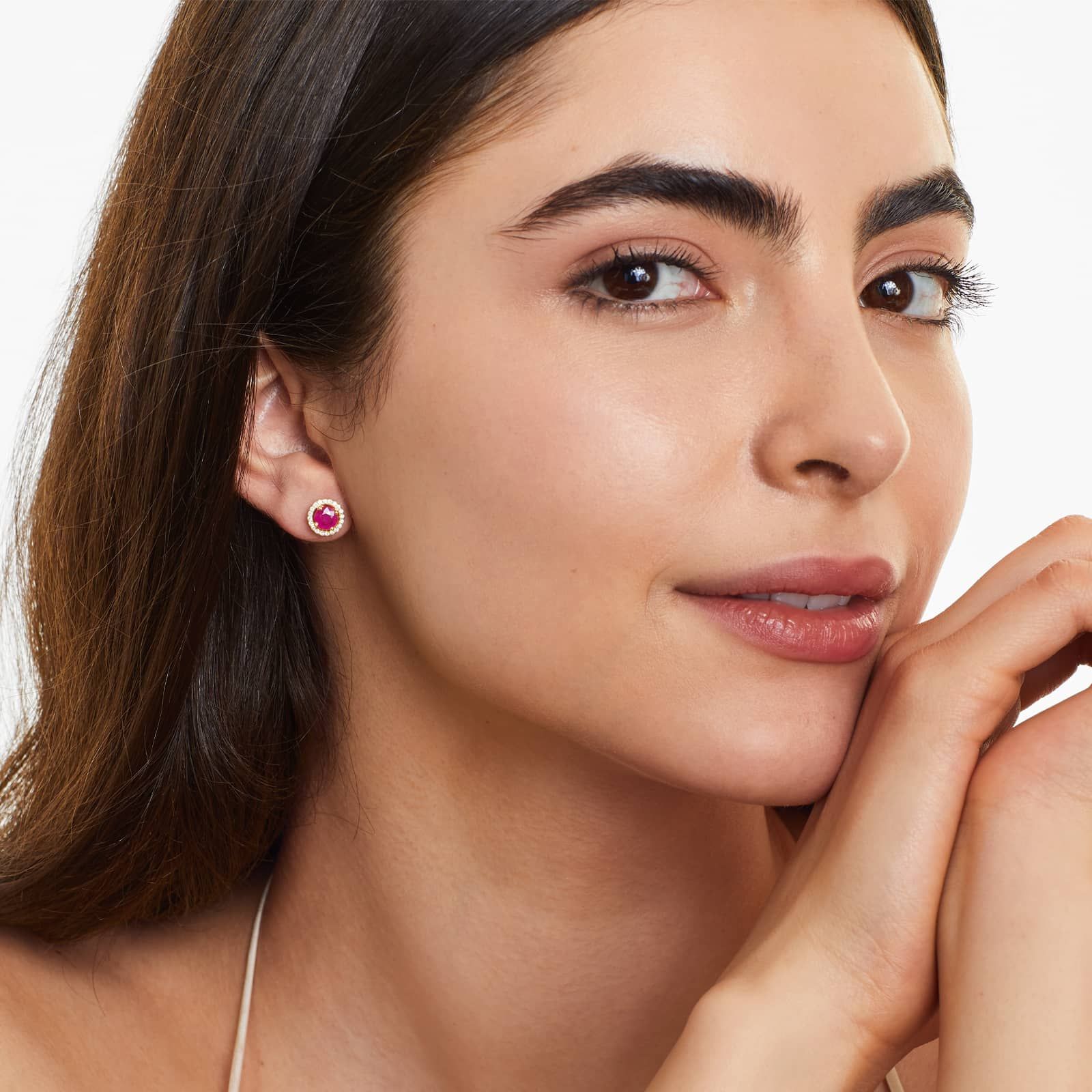 Round Ruby And Diamond Halo Stud Earrings In 14K Yellow Gold