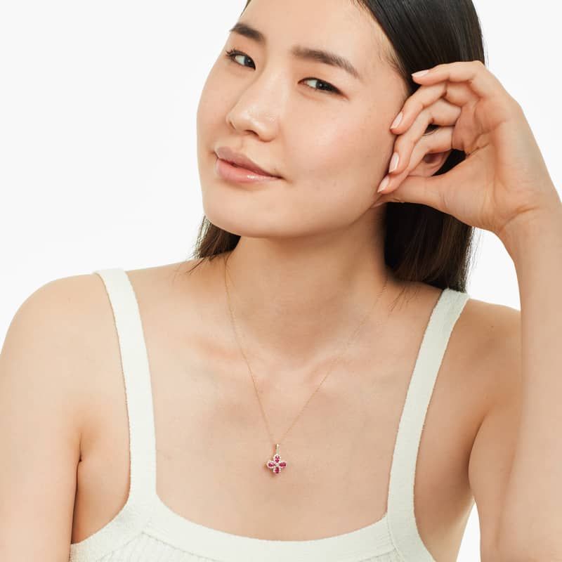 14K Yellow Gold Lily Motif Ruby and Diamond Necklace