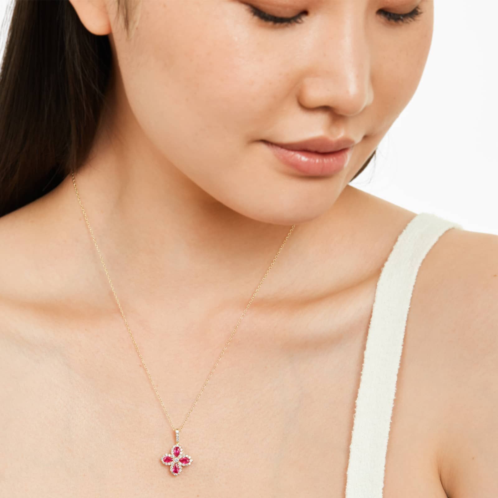 14K Yellow Gold Lily Motif Ruby and Diamond Necklace