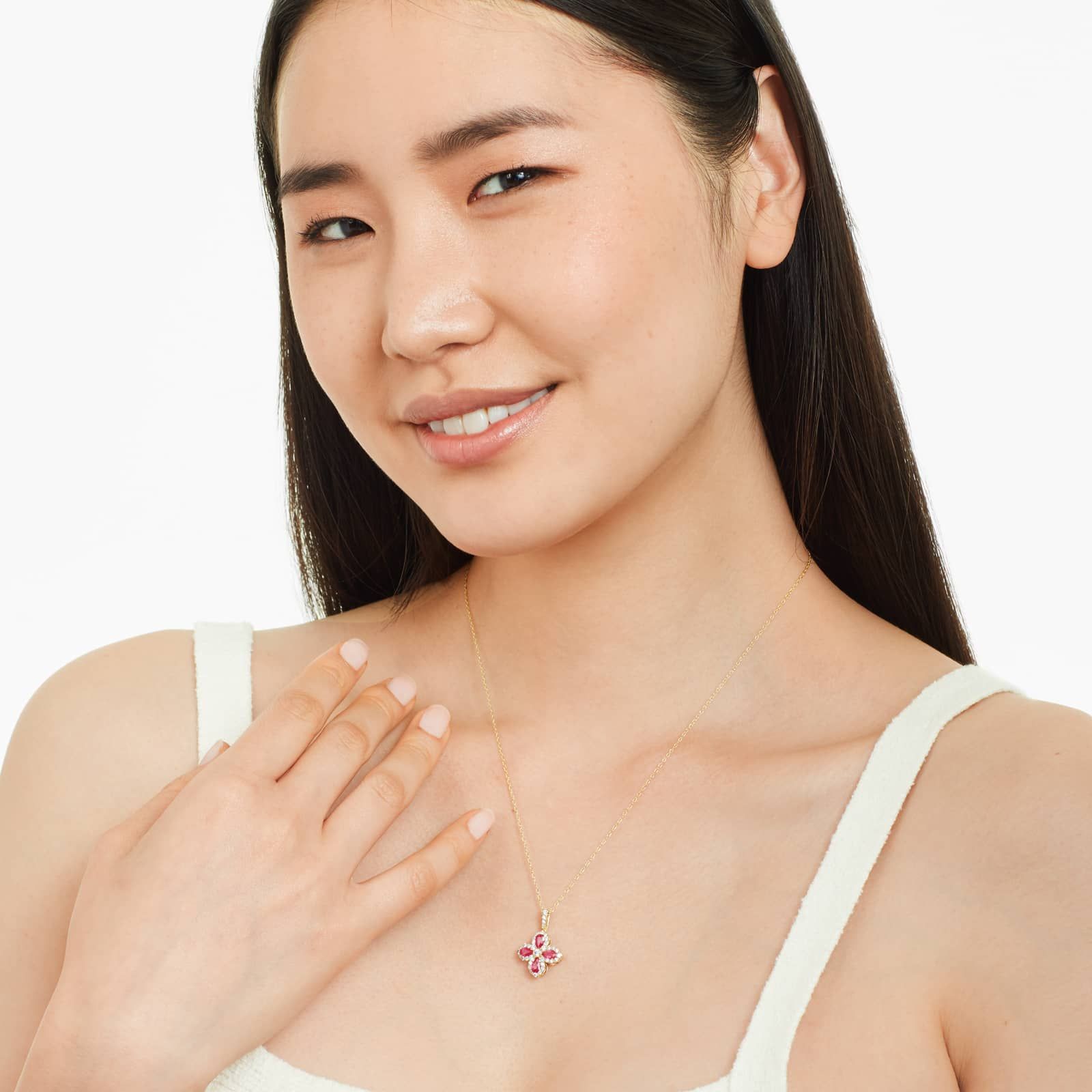 14K Yellow Gold Lily Motif Ruby and Diamond Necklace